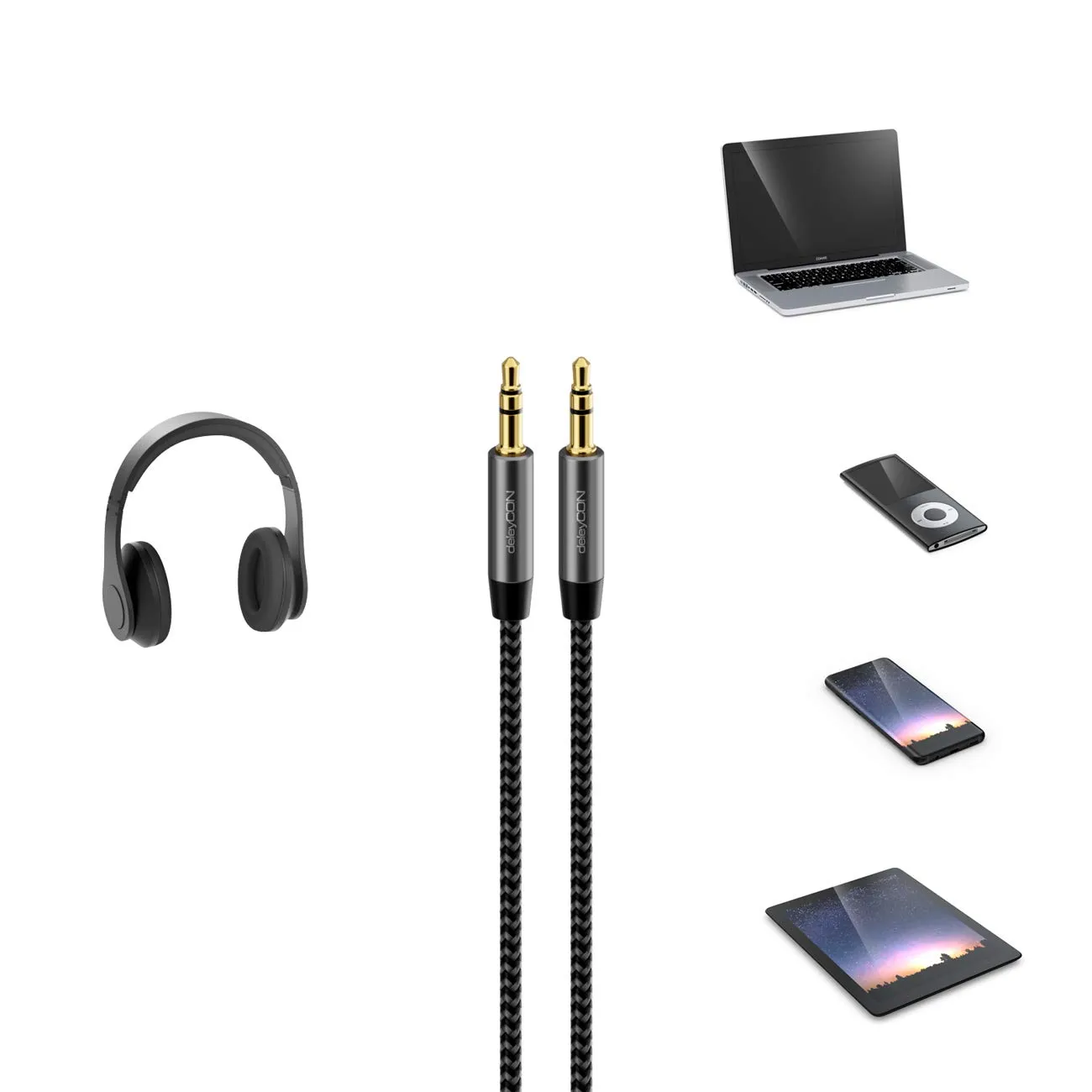 deleyCON 7,5m Cavo Audio AUX Stereo Jack 3,5 mm in Nylon - Connettori in Metallo - per Smartphone, Tablet, Cuffie, Hi-Fi, Ricevitore - Nero - immagine 3