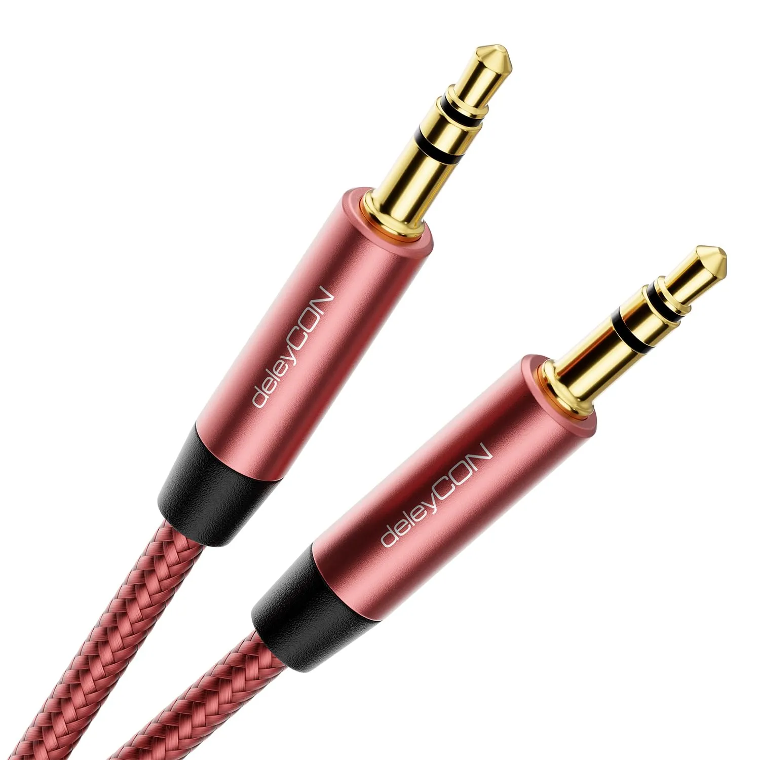 deleyCON 7,5m Cavo Audio AUX Stereo Jack 3,5 mm in Nylon - Connettori in Metallo - per Smartphone, Tablet, Cuffie, Hi-Fi, Ricevitore - Rosso/Rosa - immagine 1