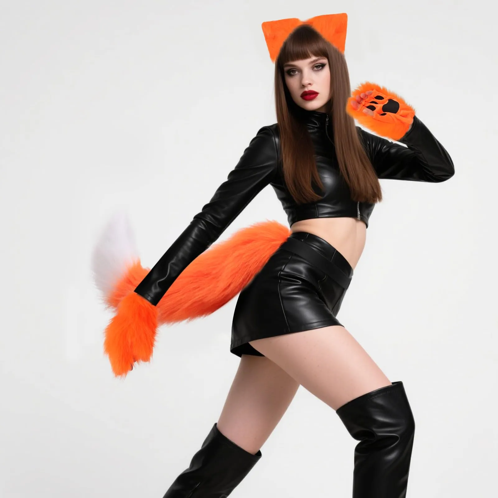 DRESHOW Orecchie e Coda da Lupo Guanti da Lupo Set Costume da Festa Cosplay Coda Super Enorme e Soffice per Donna - immagine 2