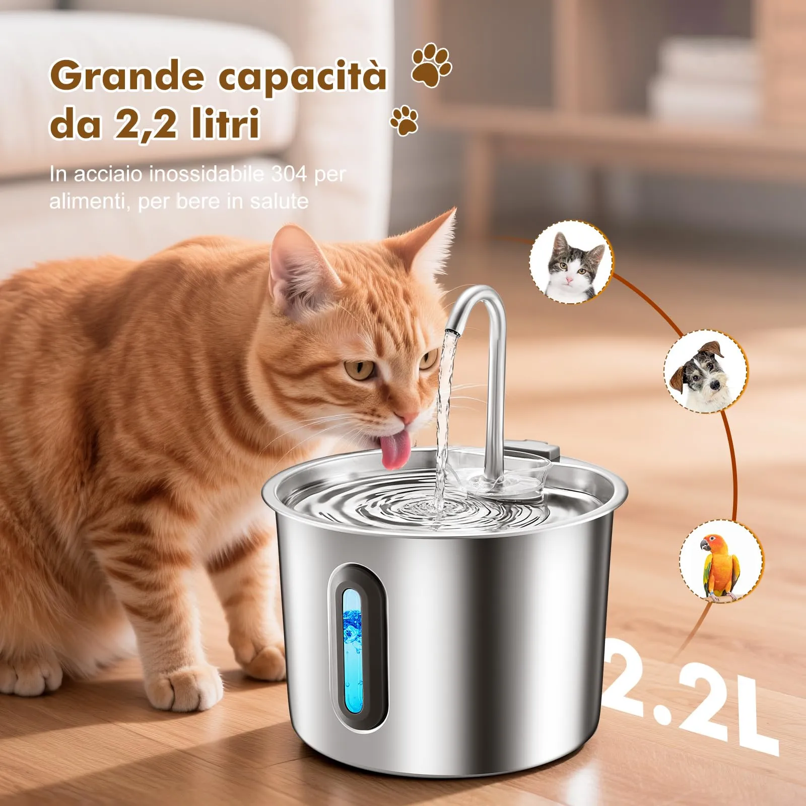 REVER Fontanella per Gatti in Acciaio, Inox 2,2 L Fontana Automatica - immagine 2