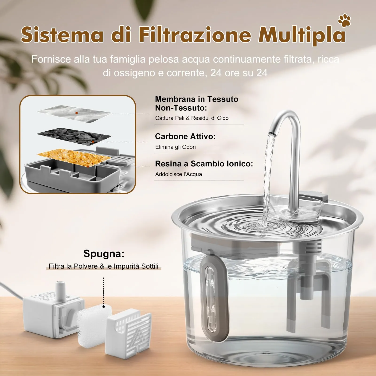 REVER Fontanella per Gatti in Acciaio, Inox 2,2 L Fontana Automatica - immagine 3