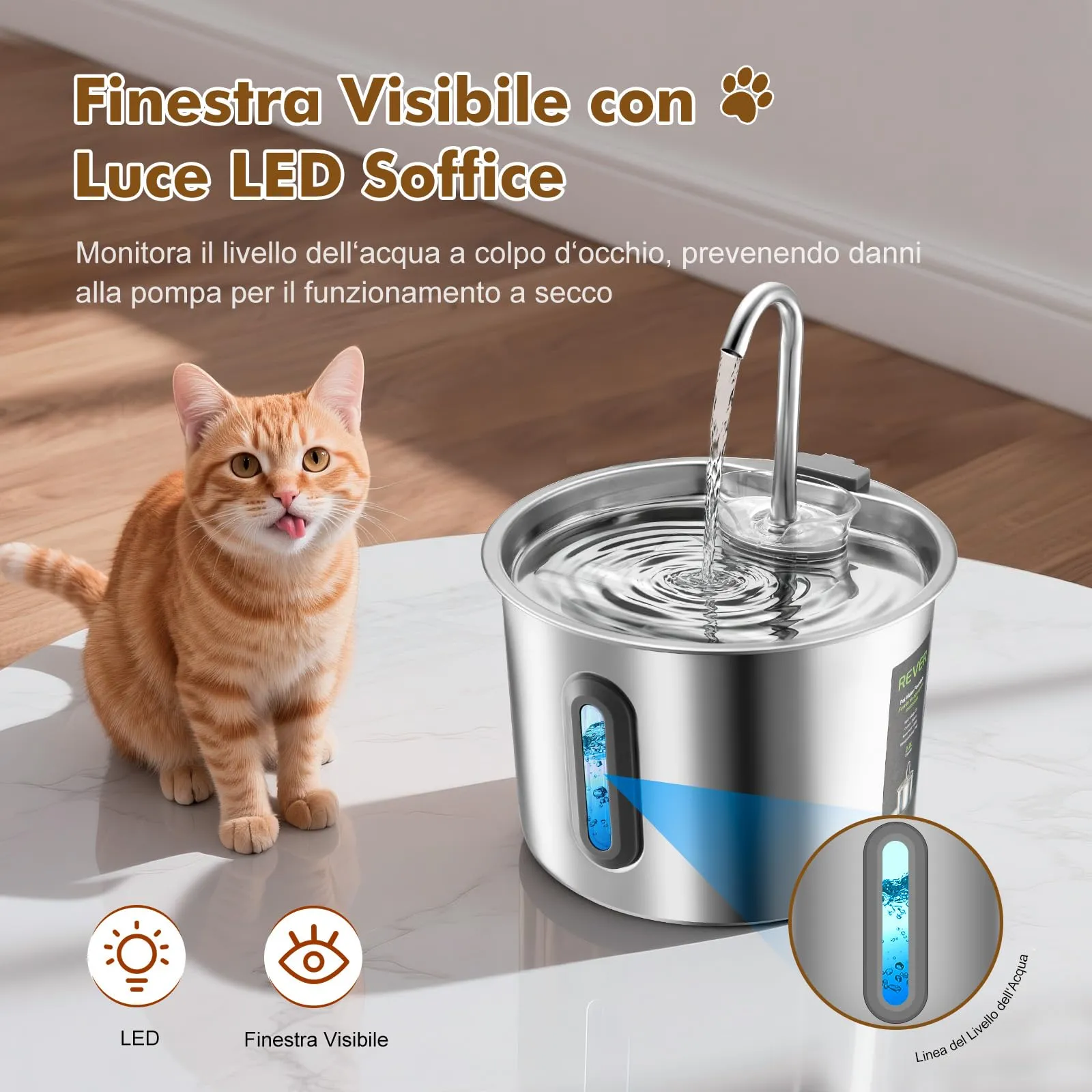 REVER Fontanella per Gatti in Acciaio, Inox 2,2 L Fontana Automatica - immagine 4
