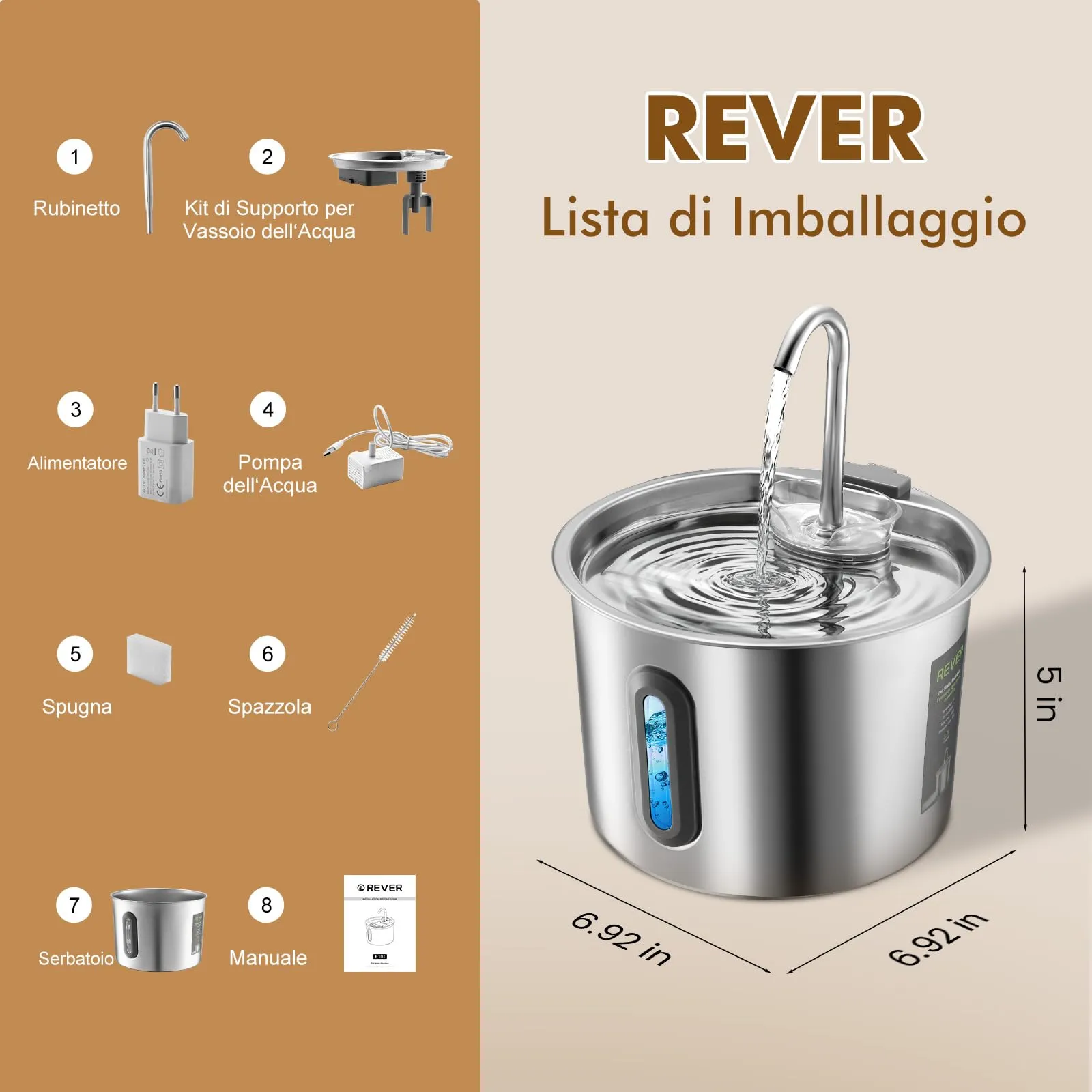 REVER Fontanella per Gatti in Acciaio, Inox 2,2 L Fontana Automatica - immagine 7