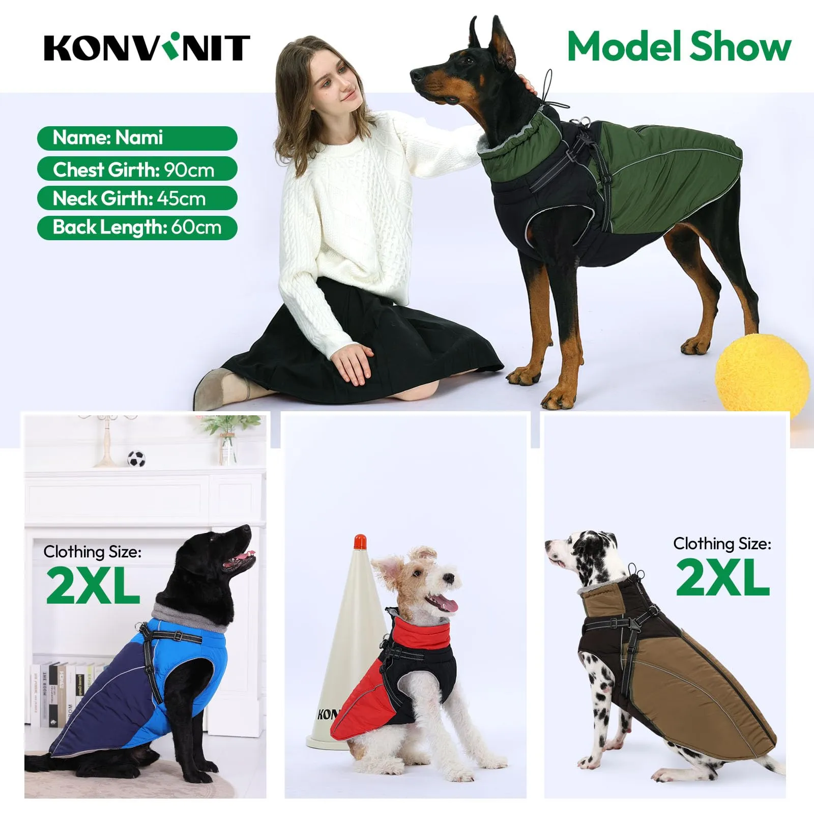 KONVINIT Cappotto Invernale per Cani Grandi con Pettorina - Giacca Impermeabile Calda con Zip Posteriore e Elementi Riflettenti - immagine 9