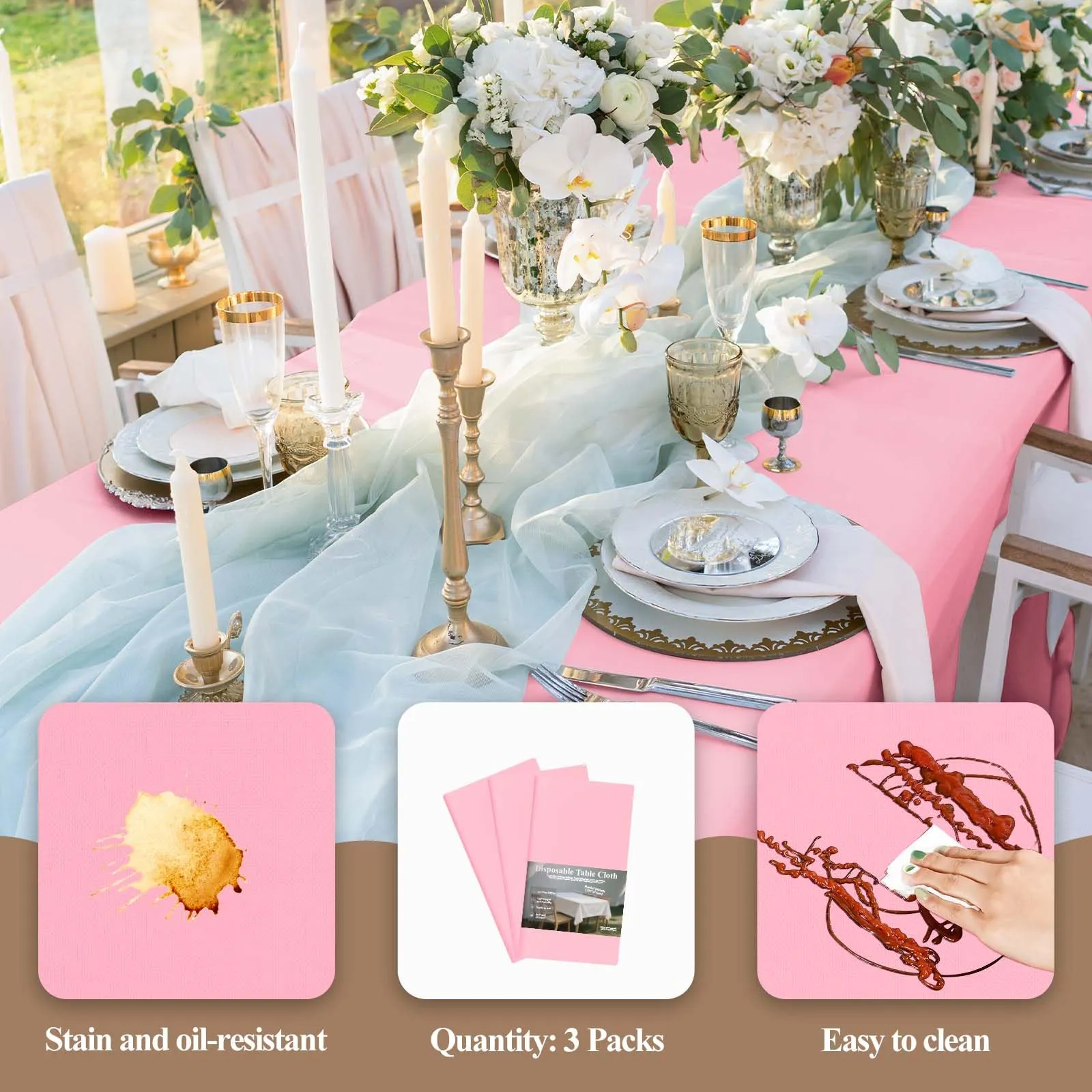 Nachlynn 3 pezzi Tovaglia usa e getta 137 x 274 cm Rosa Rettangolare Copertura per tavolo Impermeabile per giardino ideale per festival, feste, matrimoni, feste di nozze, compleanni, decorazioni - immagine 3
