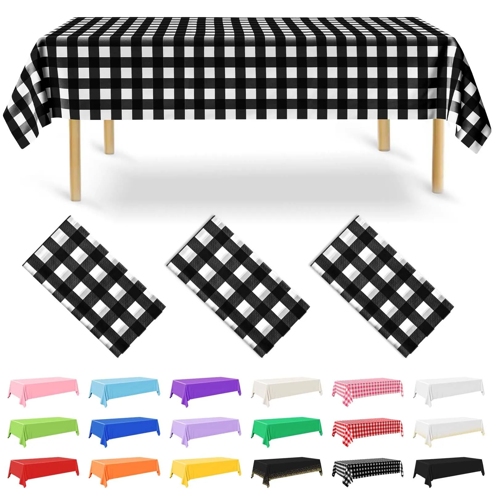 Nachlynn 3 pezzi Tovaglia monouso 137 x 274 cm Gingham-Nero Rettangolare Tovaglia impermeabile per tavolo da giardino per festival, feste, matrimoni, feste di nozze, compleanni, decorazioni - immagine 1