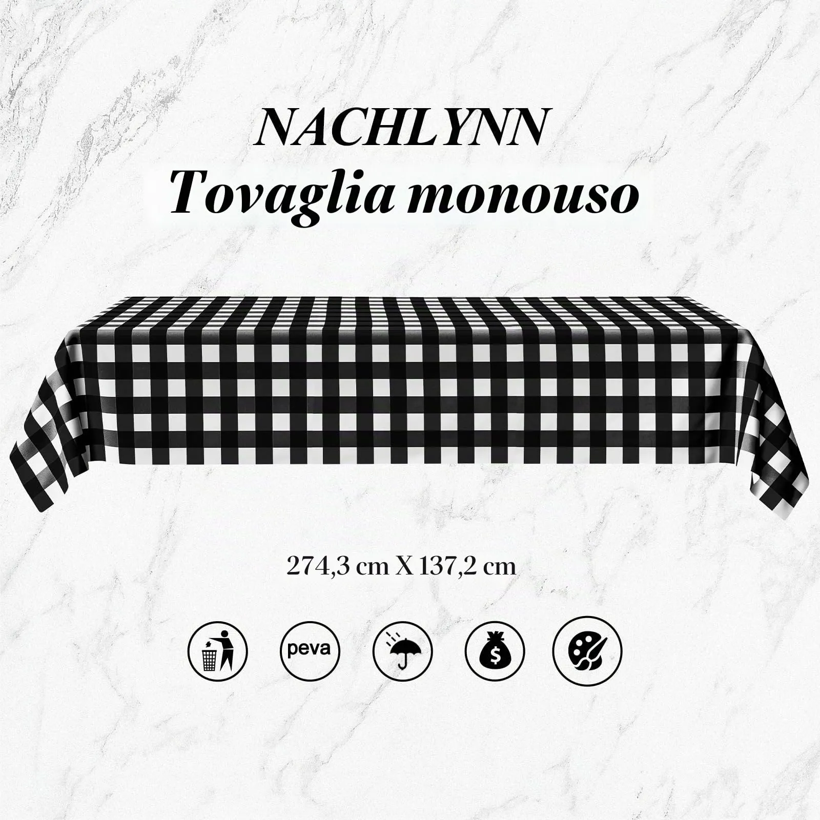 Nachlynn 3 pezzi Tovaglia monouso 137 x 274 cm Gingham-Nero Rettangolare Tovaglia impermeabile per tavolo da giardino per festival, feste, matrimoni, feste di nozze, compleanni, decorazioni - immagine 2