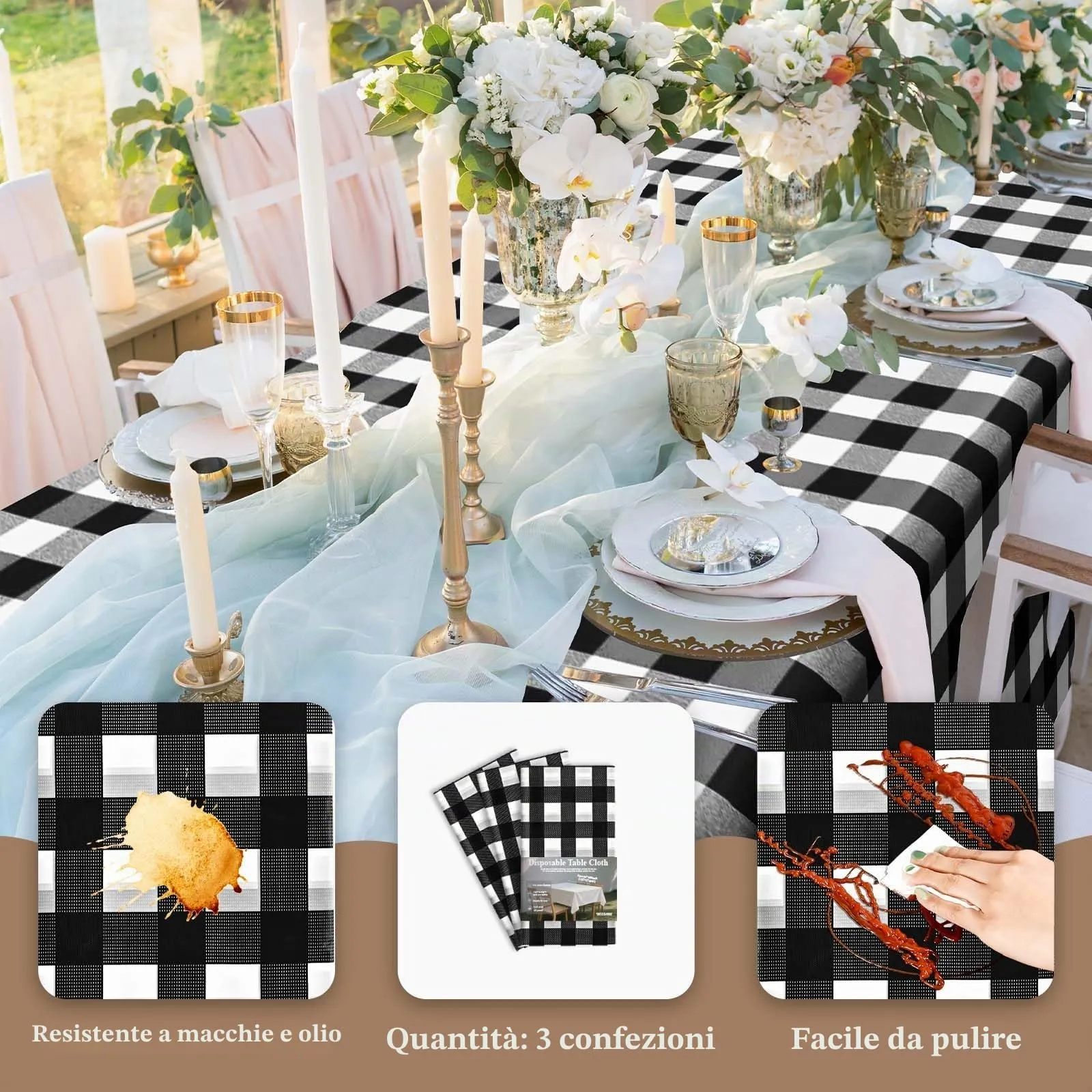 Nachlynn 3 pezzi Tovaglia monouso 137 x 274 cm Gingham-Nero Rettangolare Tovaglia impermeabile per tavolo da giardino per festival, feste, matrimoni, feste di nozze, compleanni, decorazioni - immagine 3
