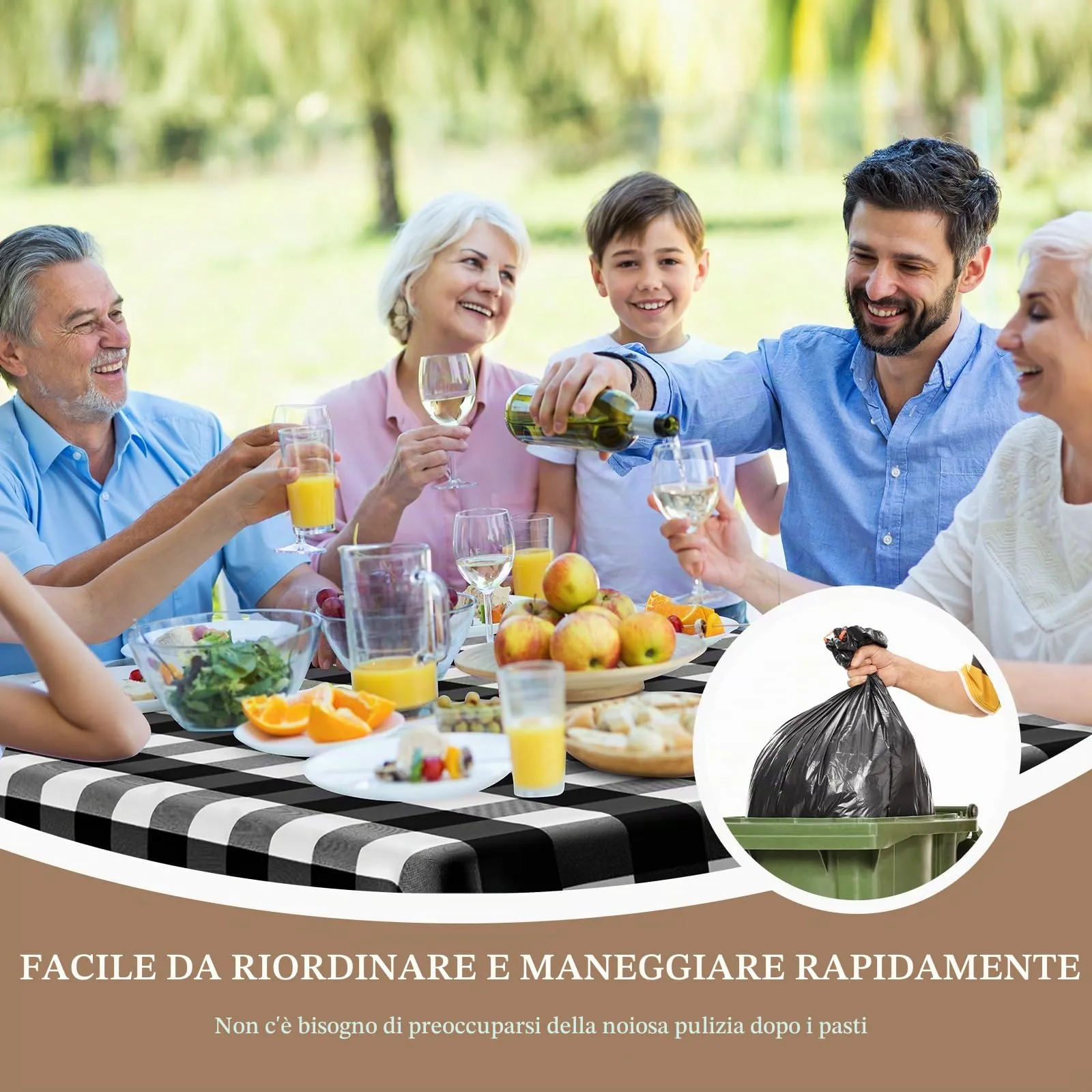 Nachlynn 3 pezzi Tovaglia monouso 137 x 274 cm Gingham-Nero Rettangolare Tovaglia impermeabile per tavolo da giardino per festival, feste, matrimoni, feste di nozze, compleanni, decorazioni - immagine 4