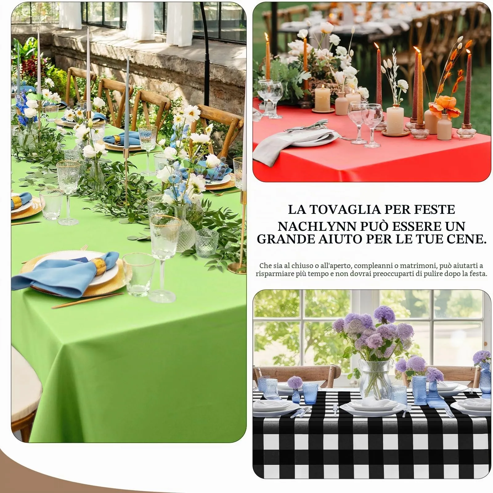 Nachlynn 3 pezzi Tovaglia monouso 137 x 274 cm Gingham-Nero Rettangolare Tovaglia impermeabile per tavolo da giardino per festival, feste, matrimoni, feste di nozze, compleanni, decorazioni - immagine 5