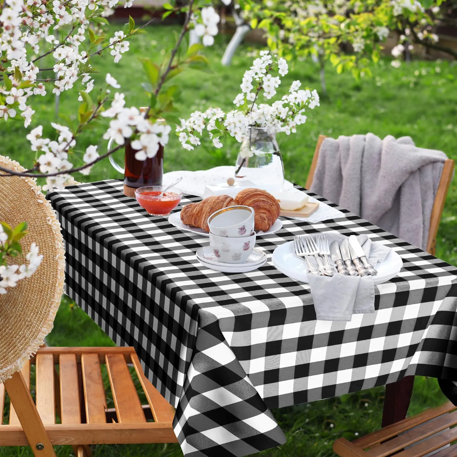 Nachlynn 3 pezzi Tovaglia monouso 137 x 274 cm Gingham-Nero Rettangolare Tovaglia impermeabile per tavolo da giardino per festival, feste, matrimoni, feste di nozze, compleanni, decorazioni - immagine 6