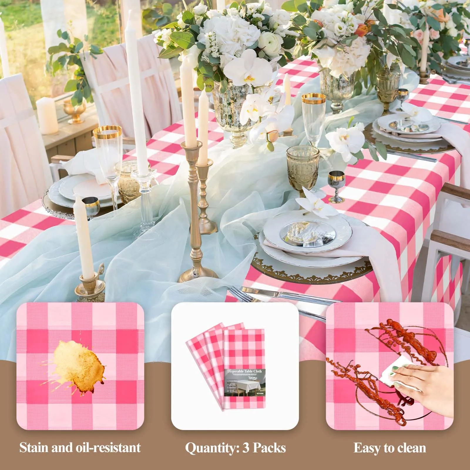 Nachlynn 3 pezzi Tovaglia usa e getta 137 x 274 cm Gingham Rosa Rettangolare Copertura da tavolo impermeabile per tavolo da giardino per festival, feste, matrimoni, feste di fidanzamento, compleanni - immagine 3