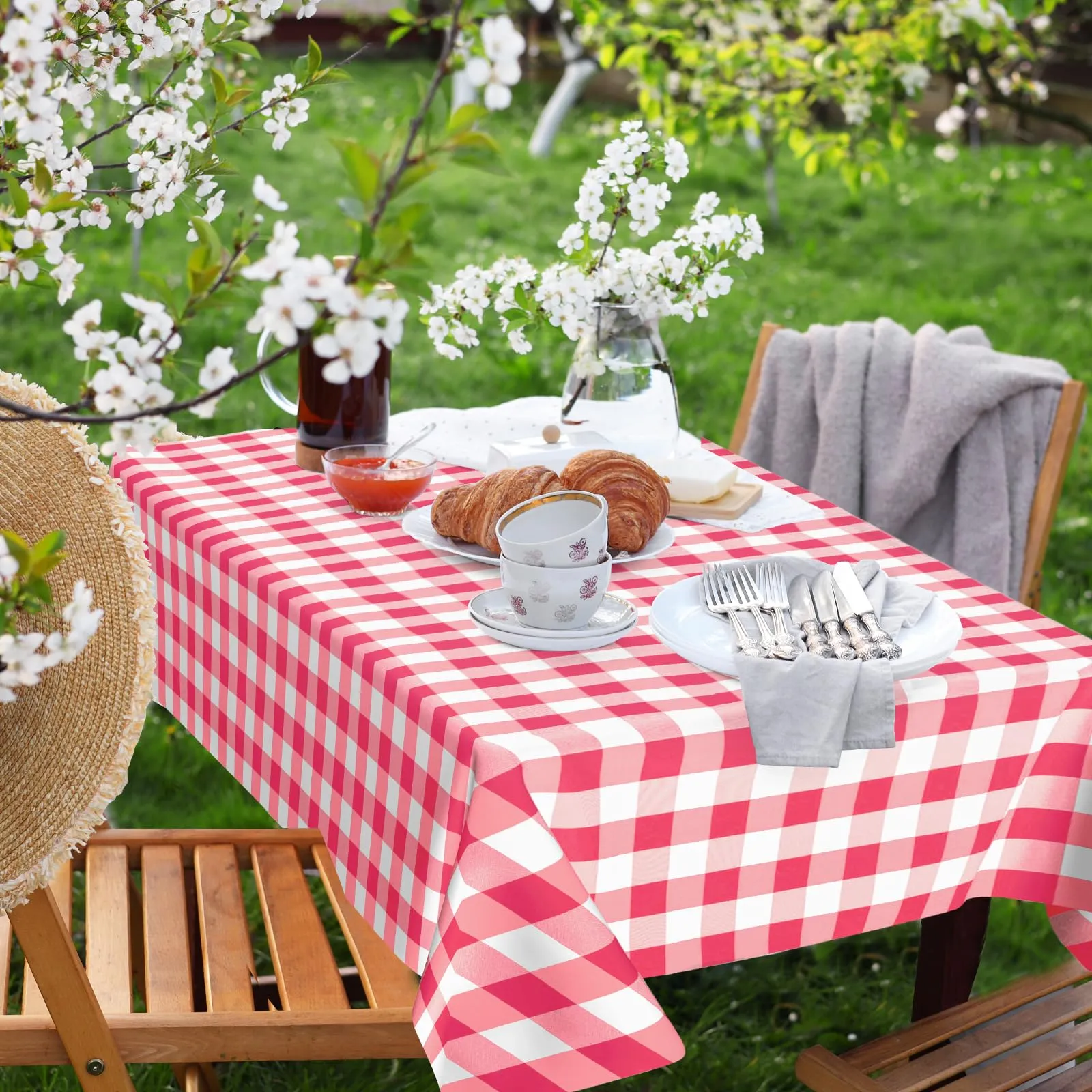 Nachlynn 3 pezzi Tovaglia usa e getta 137 x 274 cm Gingham Rosa Rettangolare Copertura da tavolo impermeabile per tavolo da giardino per festival, feste, matrimoni, feste di fidanzamento, compleanni - immagine 6