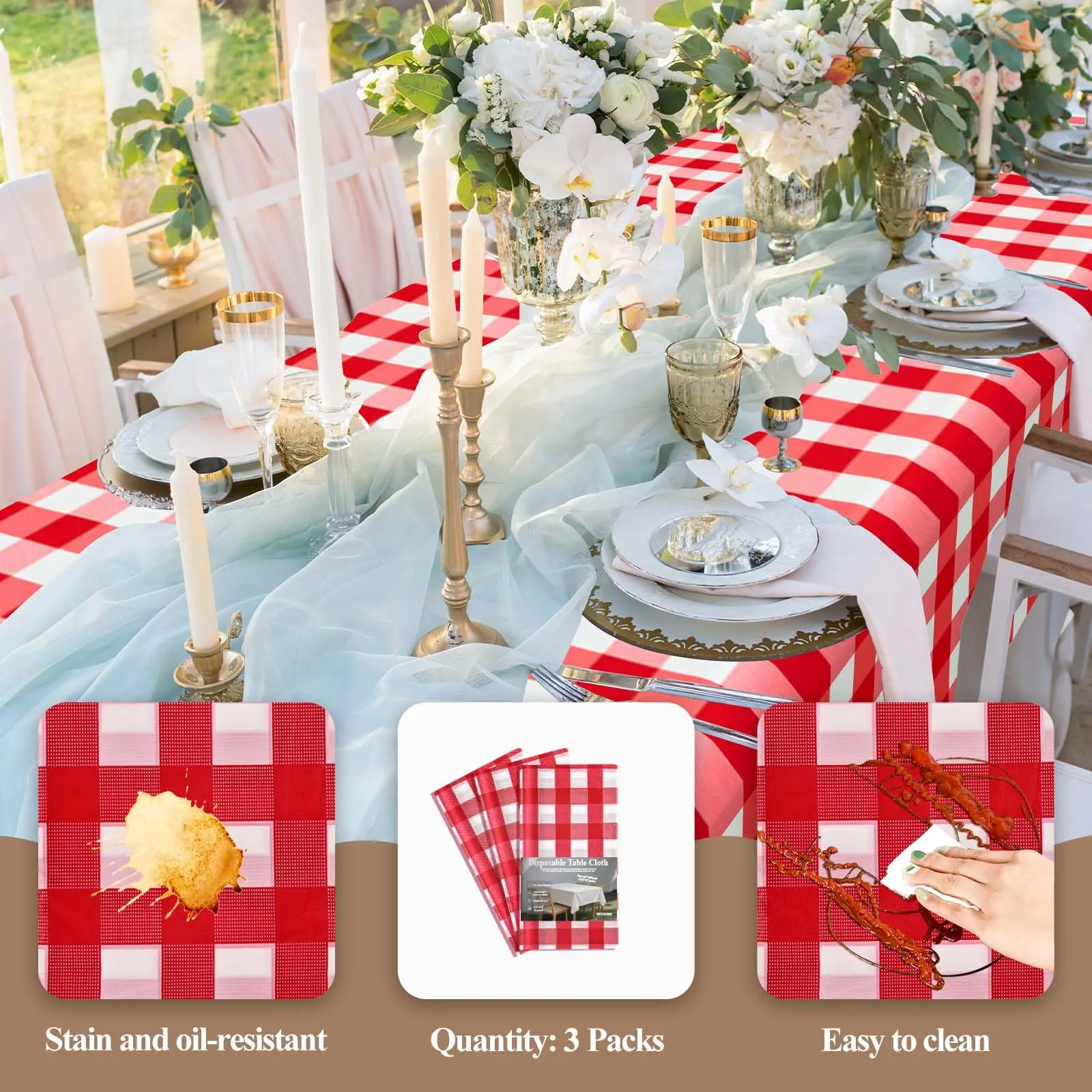 Nachlynn 3 pezzi Tovaglia usa e getta 137 x 274 cm Gingham Rosso Tovaglia rettangolare impermeabile per tavolo da giardino per festival, feste, matrimoni, feste di nozze, compleanni, decorazioni - immagine 3