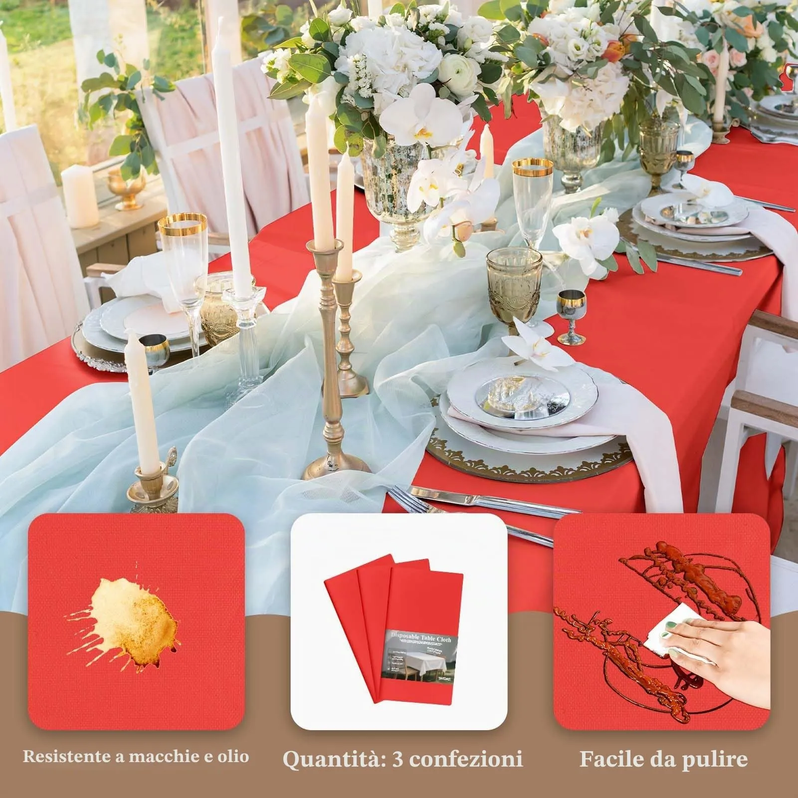 Nachlynn 3 pezzi Tovaglia usa e getta 137 x 274 cm Rosso Rettangolare Copertura da tavolo impermeabile per tavolo da giardino per festival, feste, matrimoni, feste di nozze, compleanni, decorazioni - immagine 3