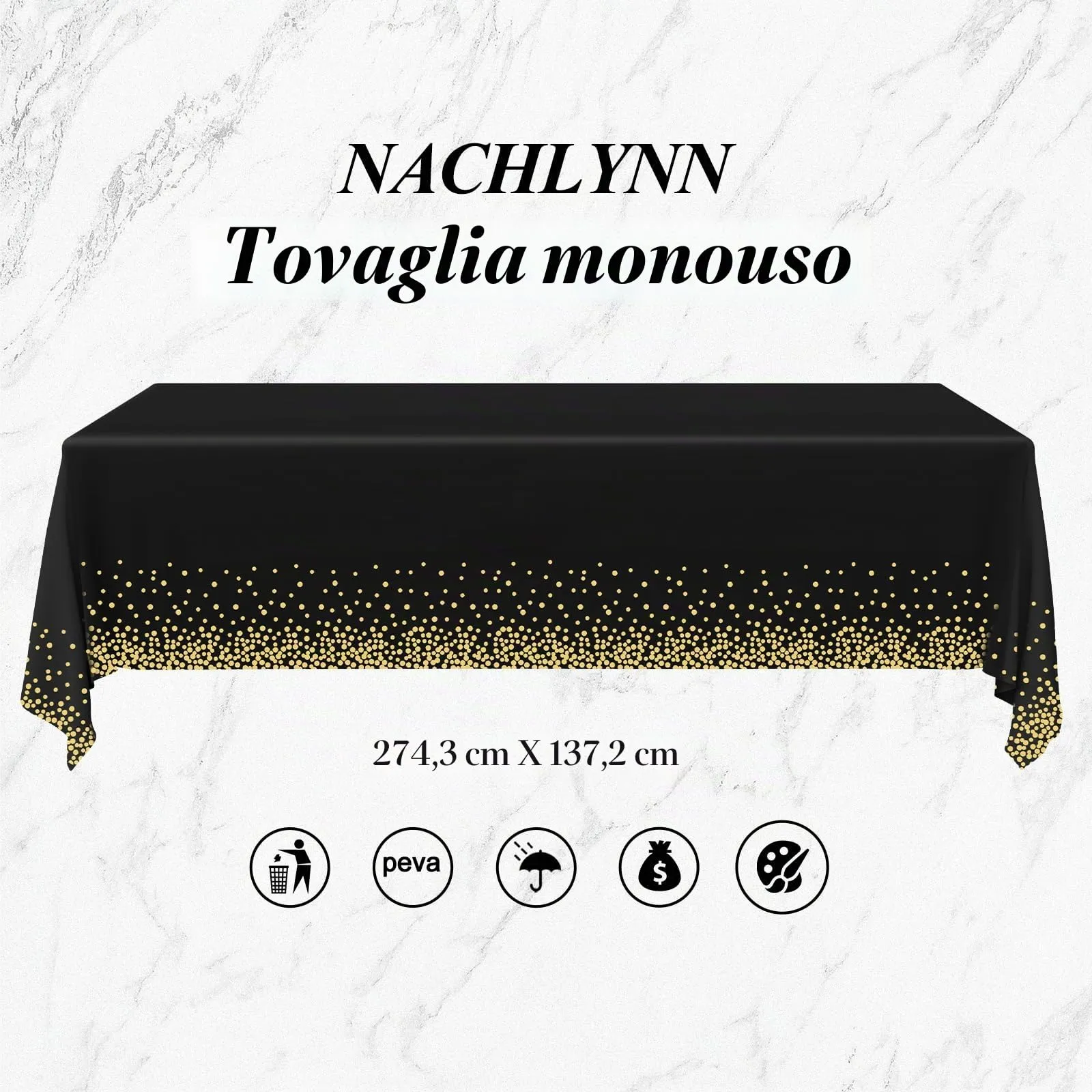 Nachlynn 3 pezzi Tovaglia monouso 137 x 274 cm Oro e Nero Rettangolare Tovaglia impermeabile per tavolo da giardino per festival, feste, matrimoni, addio al nubilato, compleanni, decorazioni - immagine 2