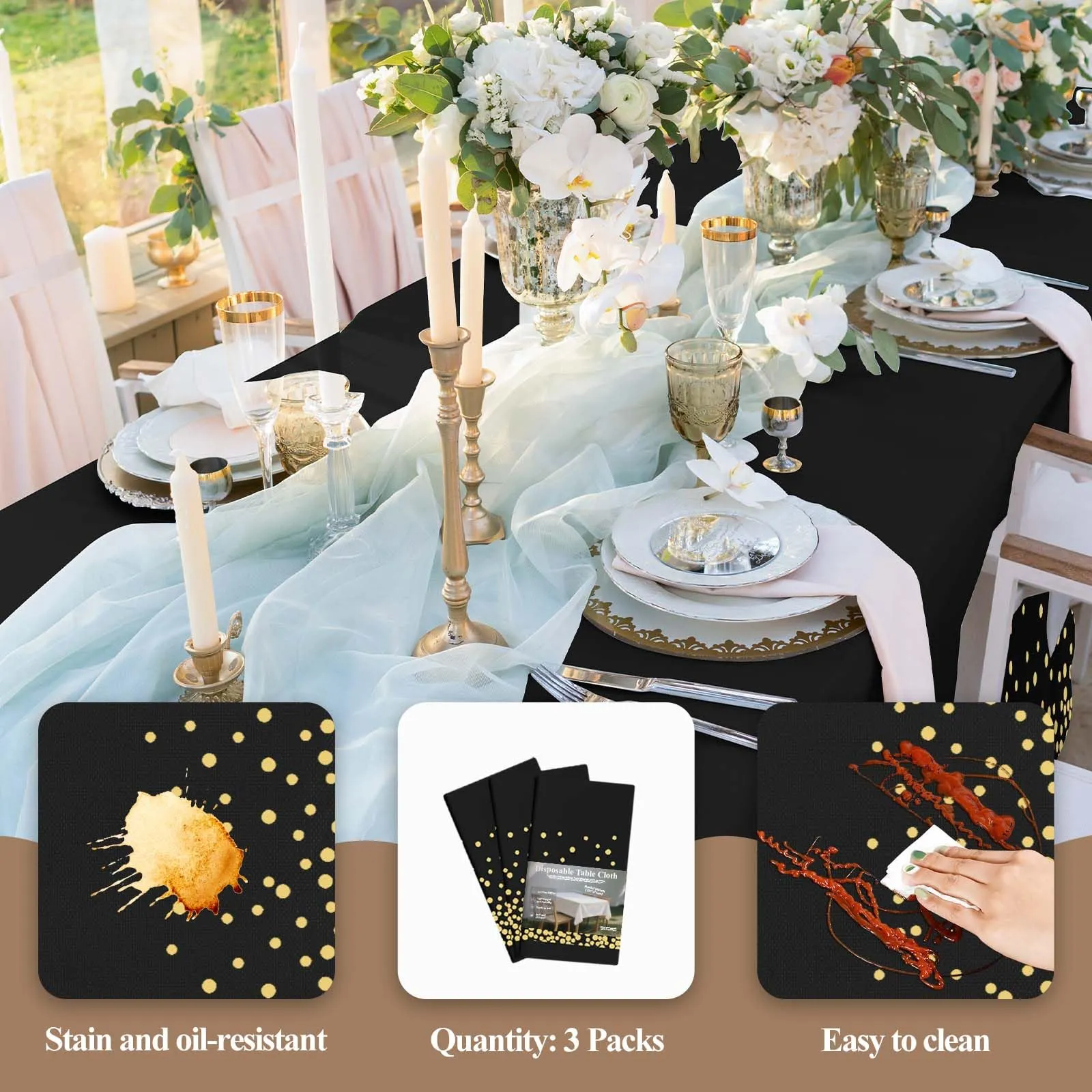 Nachlynn 3 pezzi Tovaglia monouso 137 x 274 cm Oro e Nero Rettangolare Tovaglia impermeabile per tavolo da giardino per festival, feste, matrimoni, addio al nubilato, compleanni, decorazioni - immagine 3