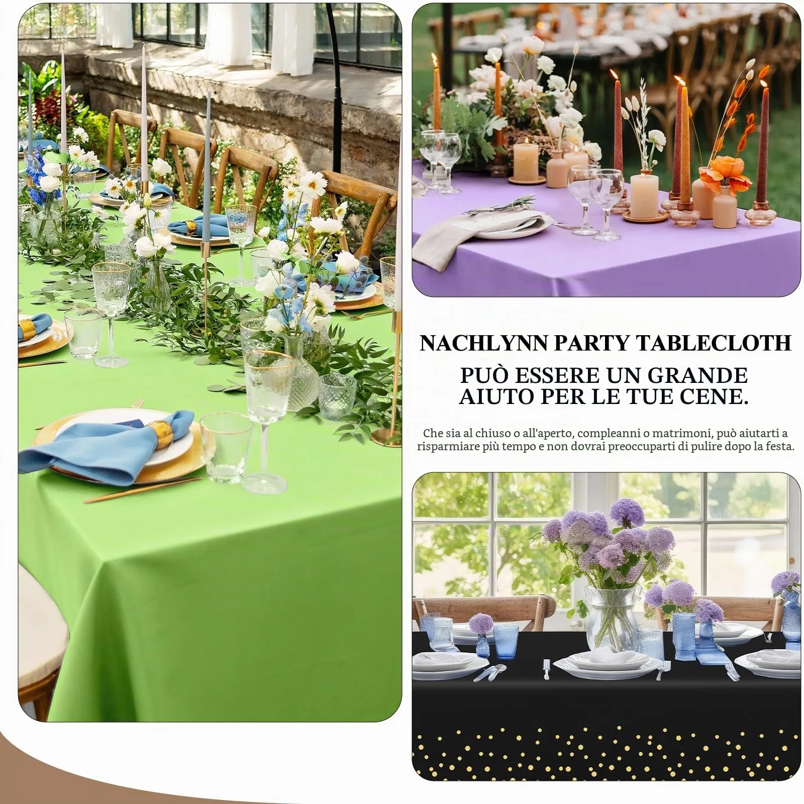 Nachlynn 3 pezzi Tovaglia monouso 137 x 274 cm Oro e Nero Rettangolare Tovaglia impermeabile per tavolo da giardino per festival, feste, matrimoni, addio al nubilato, compleanni, decorazioni - immagine 5