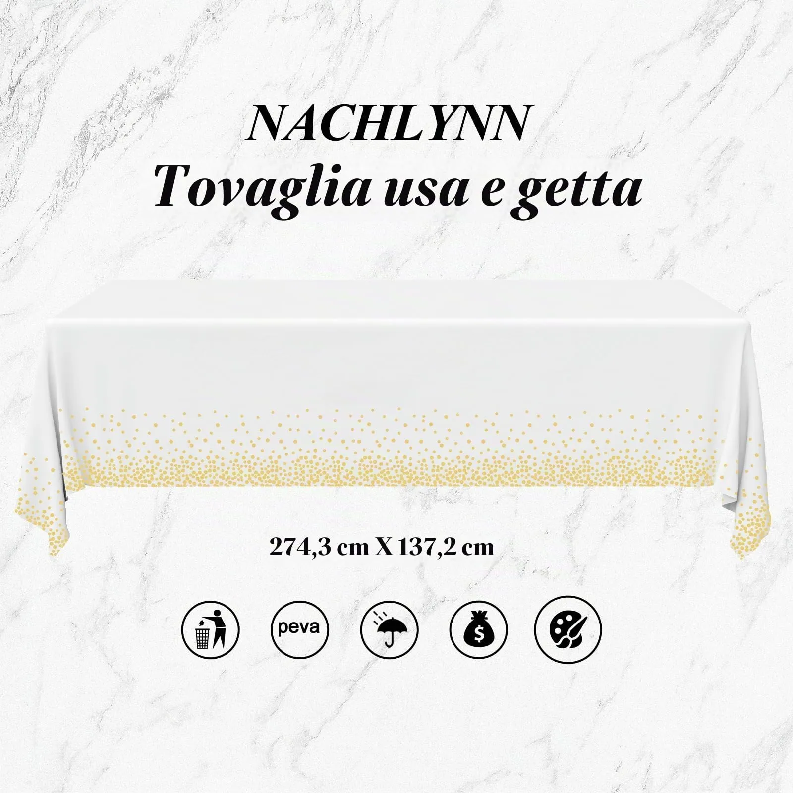 Nachlynn 3 pezzi Tovaglia usa e getta 137 x 274 cm Oro e bianco Rettangolare Copertura da tavolo Impermeabile Tovaglia per giardino per festival, feste, matrimoni, addio al nubilato, compleanno - immagine 2