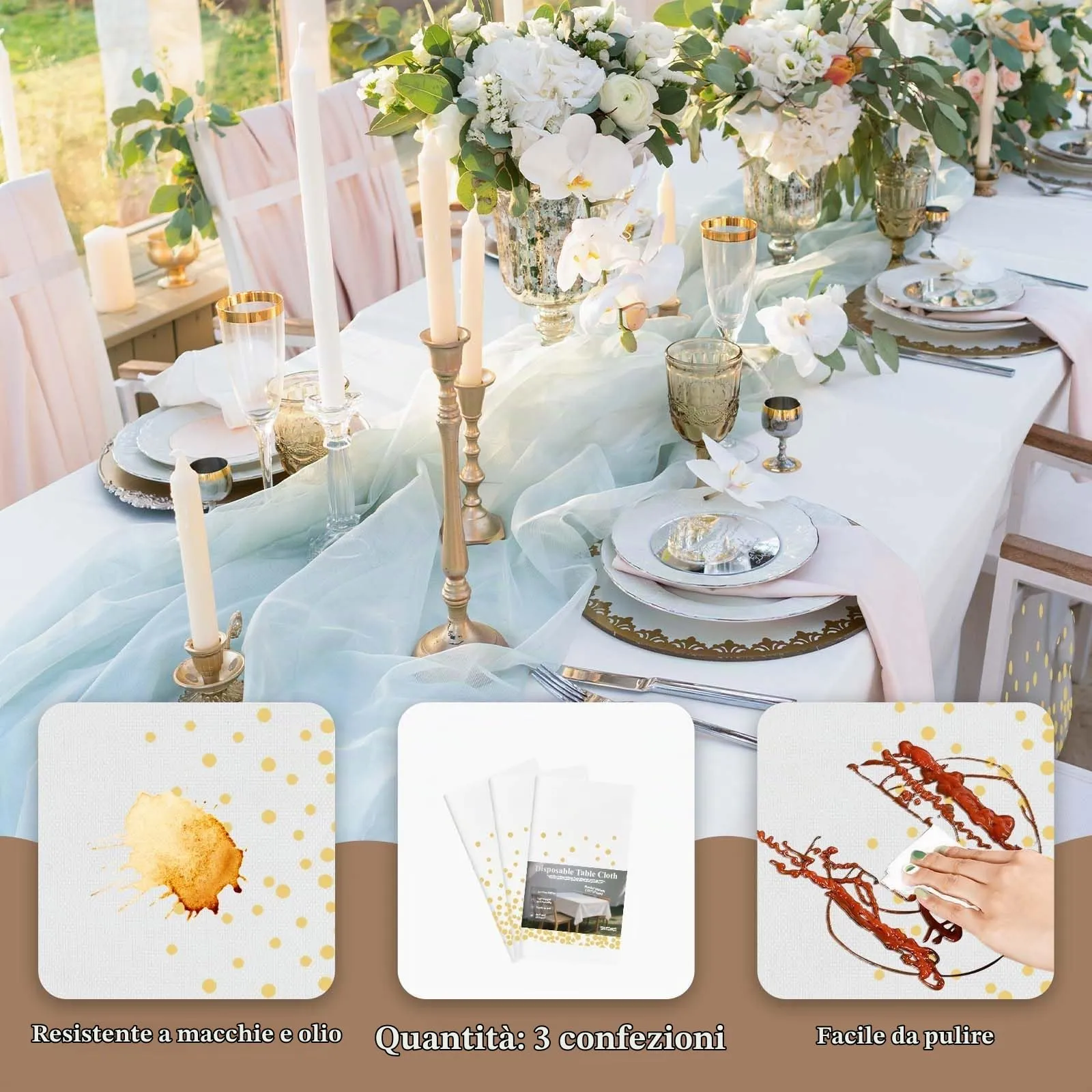 Nachlynn 3 pezzi Tovaglia usa e getta 137 x 274 cm Oro e bianco Rettangolare Copertura da tavolo Impermeabile Tovaglia per giardino per festival, feste, matrimoni, addio al nubilato, compleanno - immagine 3