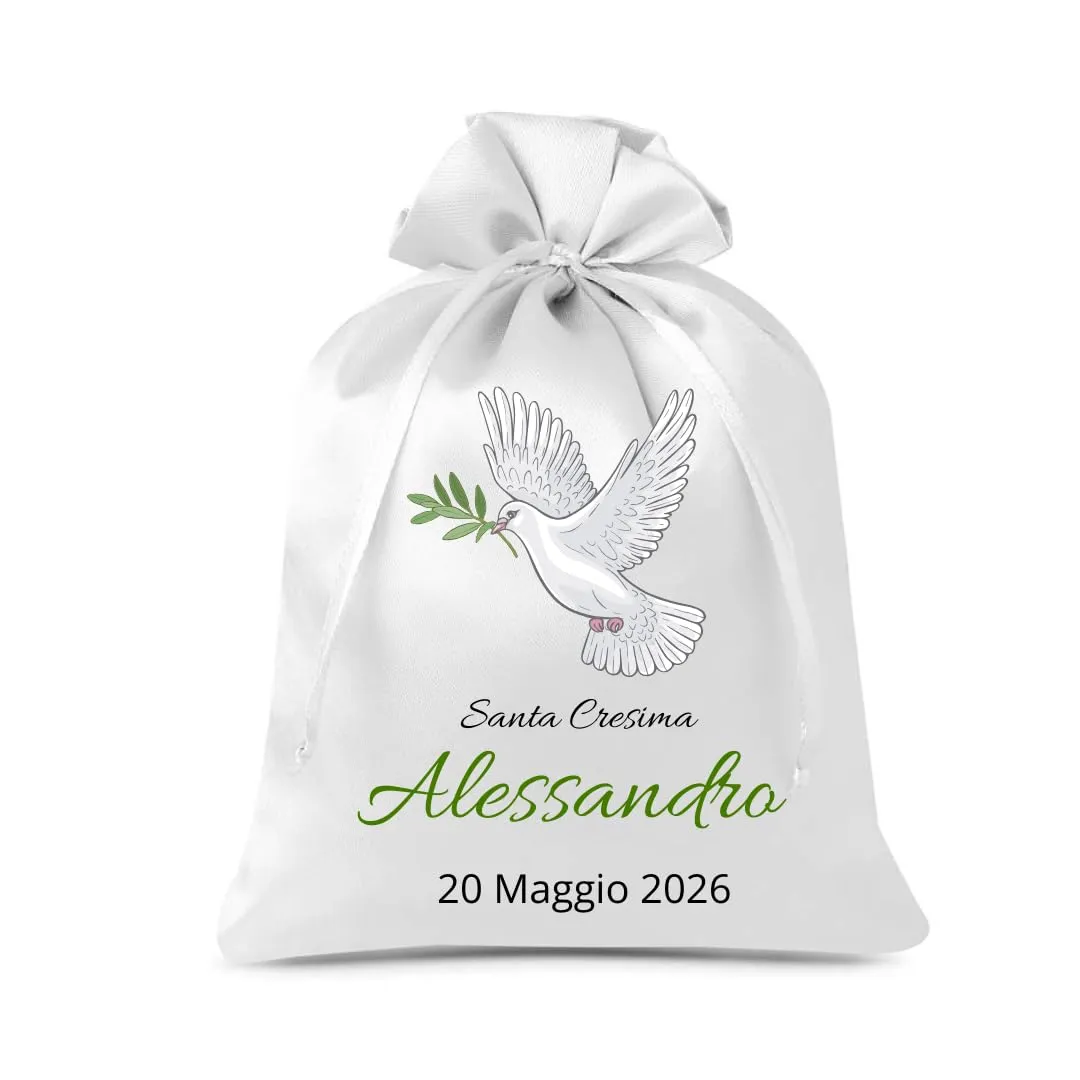 Cormar Sacchetti Bomboniere Cresima Personalizzati – Set 12 Pezzi, 9x12 cm, Colore Bianco con Ricamo Elegante (COLOMBA BIANCA CON FOGLIA) - immagine 1