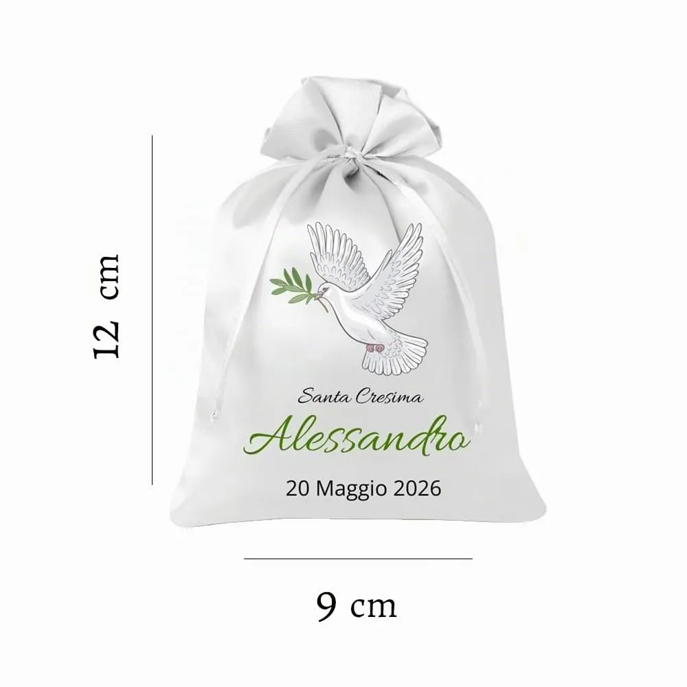 Cormar Sacchetti Bomboniere Cresima Personalizzati – Set 12 Pezzi, 9x12 cm, Colore Bianco con Ricamo Elegante (COLOMBA BIANCA CON FOGLIA) - immagine 2