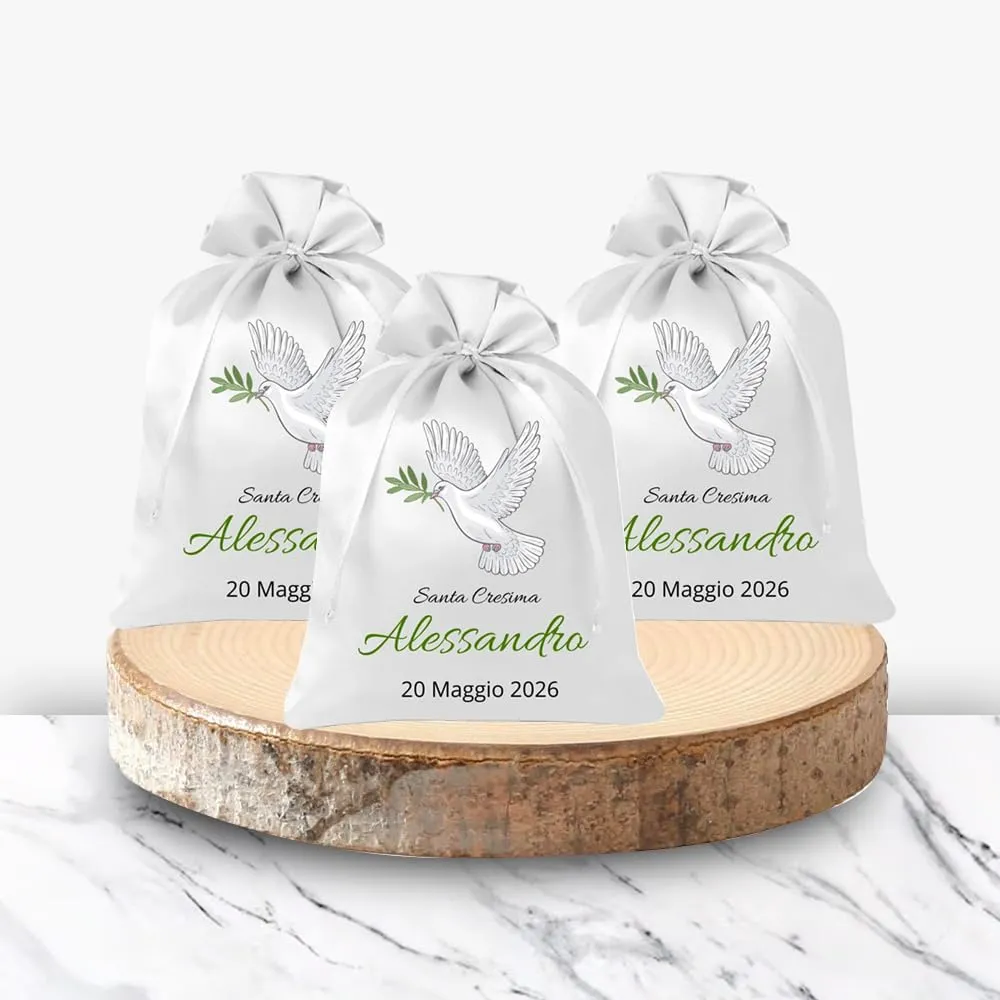 Cormar Sacchetti Bomboniere Cresima Personalizzati – Set 12 Pezzi, 9x12 cm, Colore Bianco con Ricamo Elegante (COLOMBA BIANCA CON FOGLIA) - immagine 5