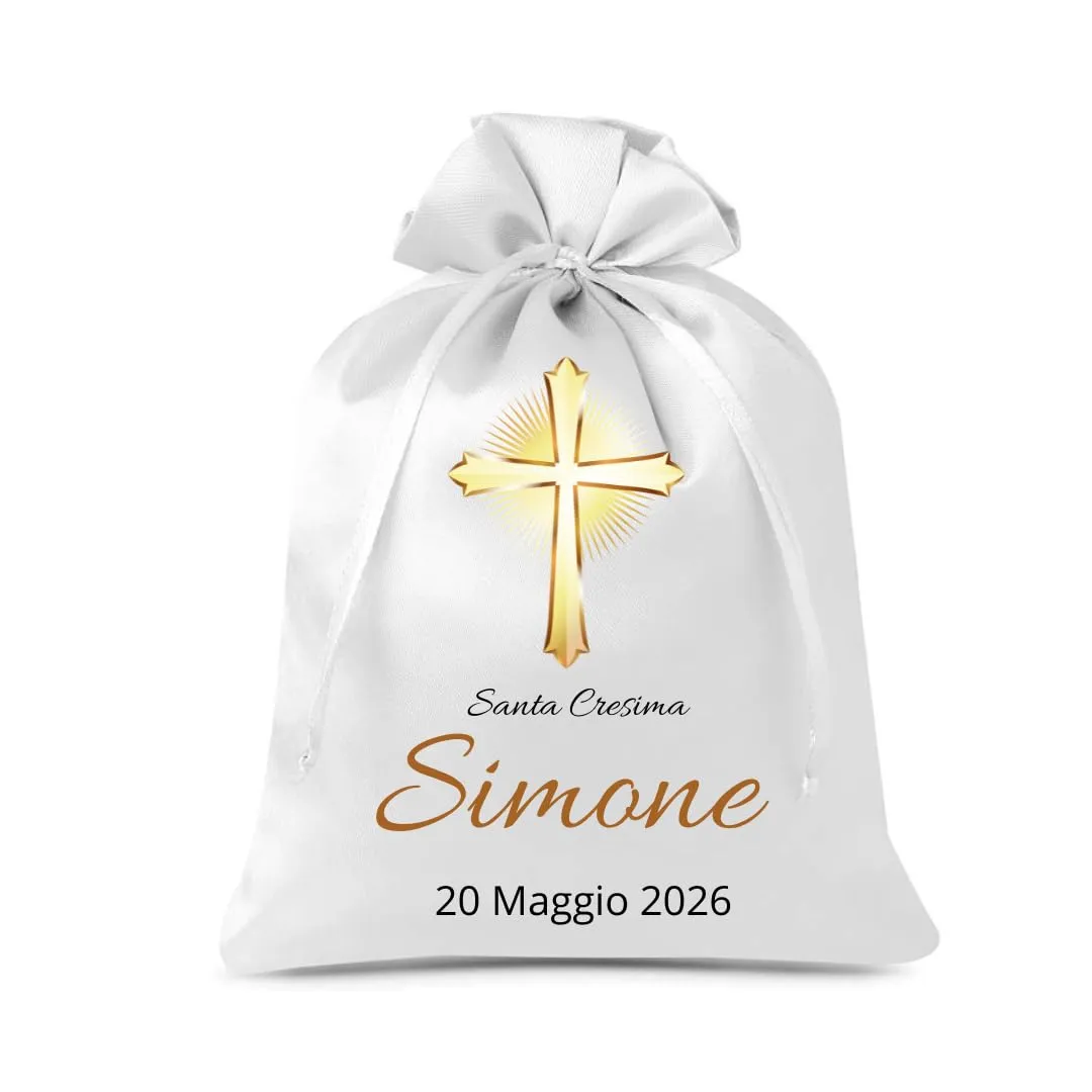 Cormar Sacchetti Bomboniere Cresima Personalizzati – Set 12 Pezzi, 9x12 cm, Colore Bianco con Ricamo Elegante (CROCE ILLUMINATA) - immagine 1