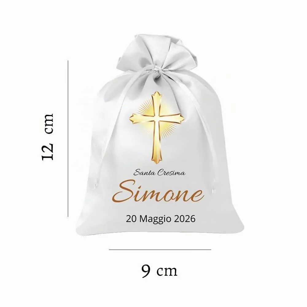 Cormar Sacchetti Bomboniere Cresima Personalizzati – Set 12 Pezzi, 9x12 cm, Colore Bianco con Ricamo Elegante (CROCE ILLUMINATA) - immagine 2