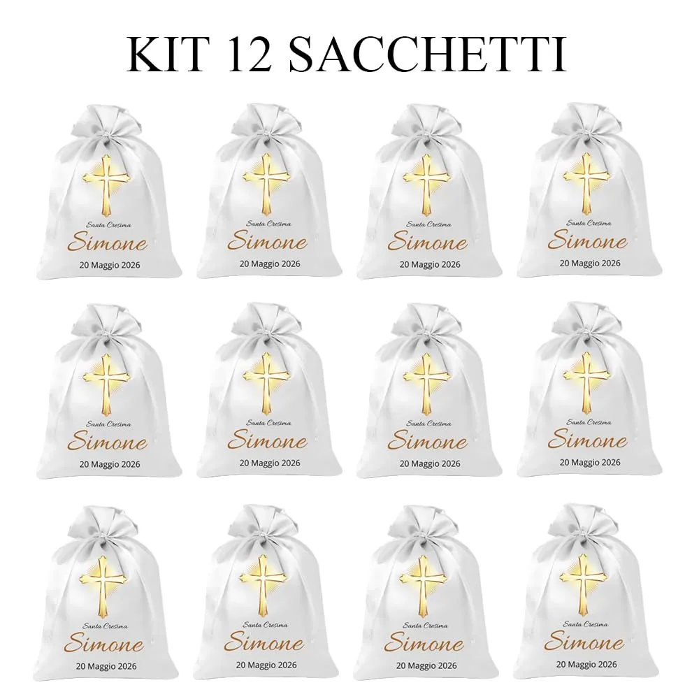 Cormar Sacchetti Bomboniere Cresima Personalizzati – Set 12 Pezzi, 9x12 cm, Colore Bianco con Ricamo Elegante (CROCE ILLUMINATA) - immagine 3