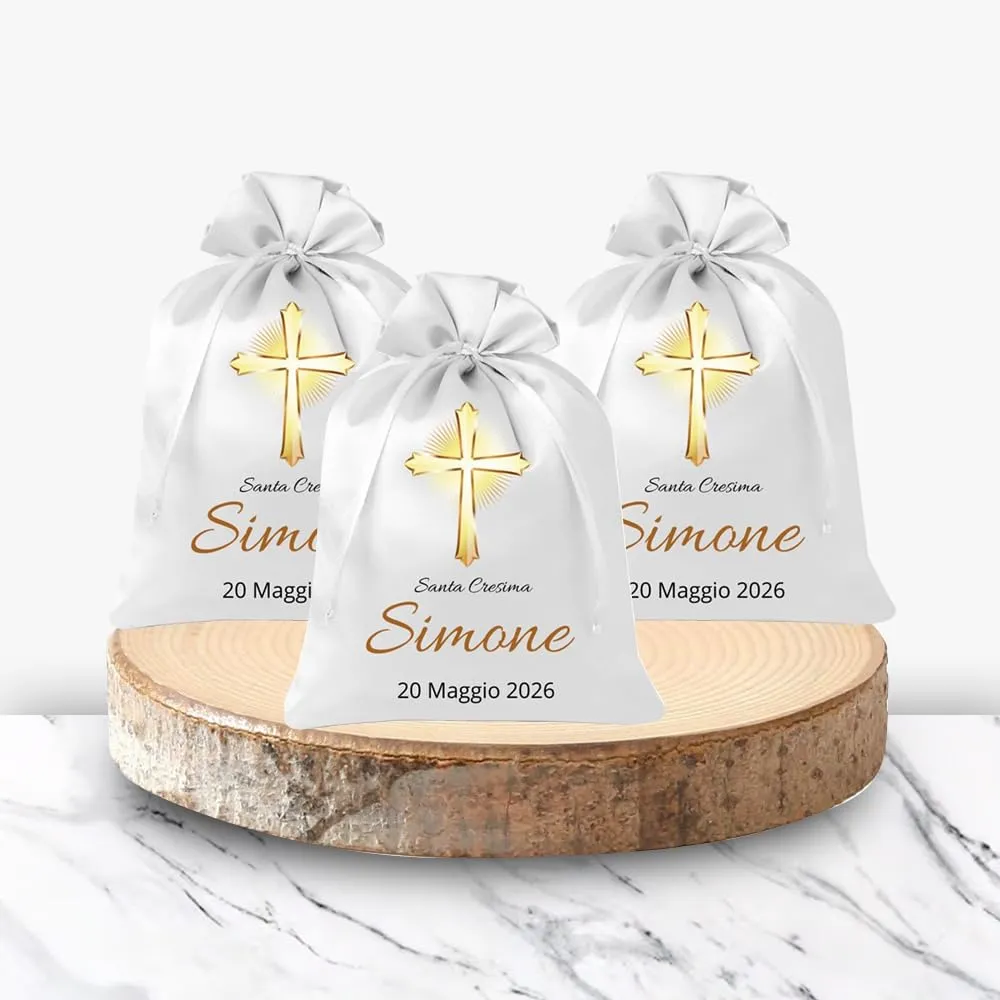 Cormar Sacchetti Bomboniere Cresima Personalizzati – Set 12 Pezzi, 9x12 cm, Colore Bianco con Ricamo Elegante (CROCE ILLUMINATA) - immagine 5