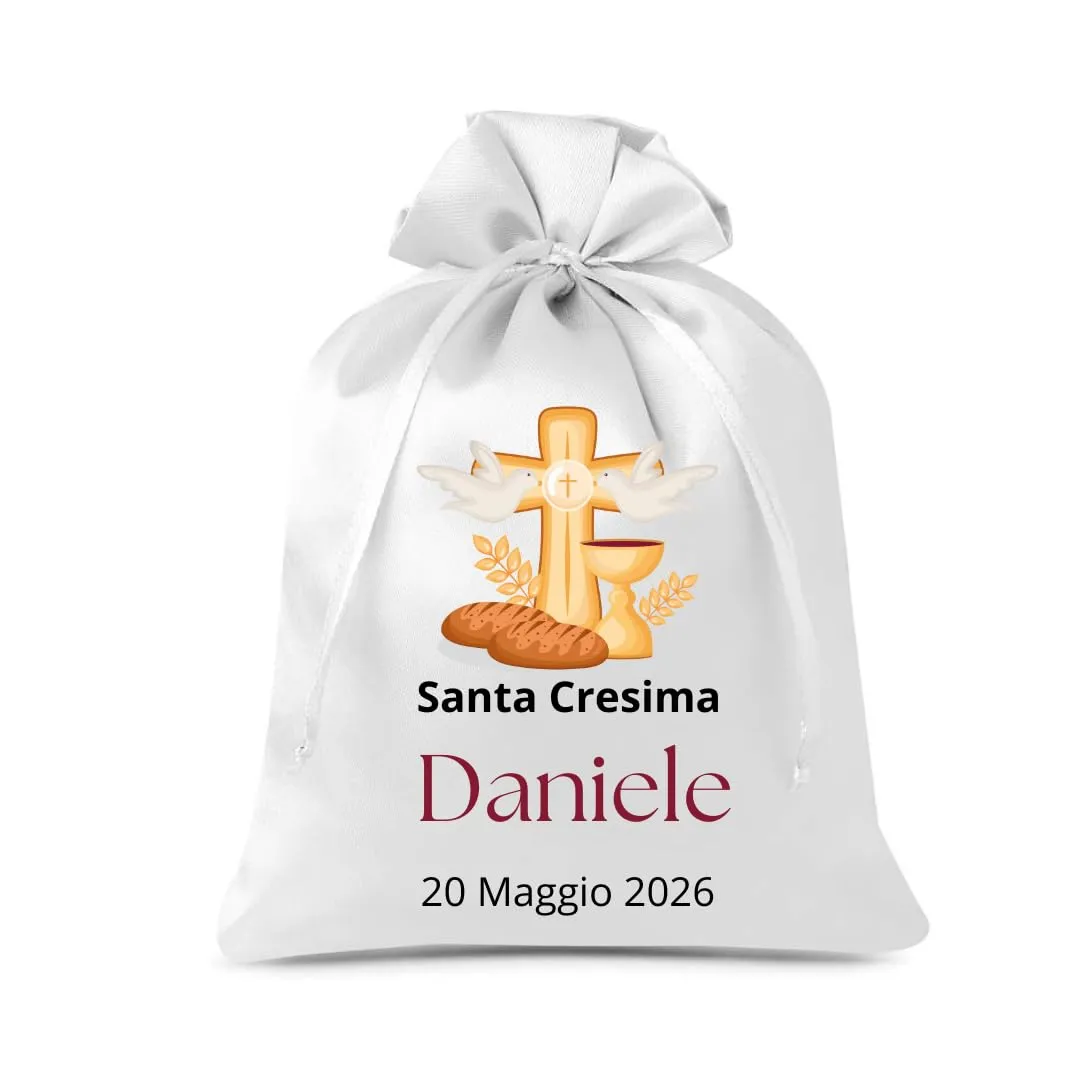 Cormar Sacchetti Bomboniere Cresima Personalizzati – Set 12 Pezzi, 9x12 cm, Colore Bianco con Ricamo Elegante (COLOMBA + EUCARESTIA) - immagine 1