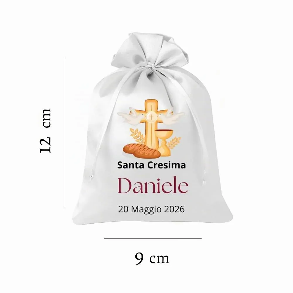 Cormar Sacchetti Bomboniere Cresima Personalizzati – Set 12 Pezzi, 9x12 cm, Colore Bianco con Ricamo Elegante (COLOMBA + EUCARESTIA) - immagine 2