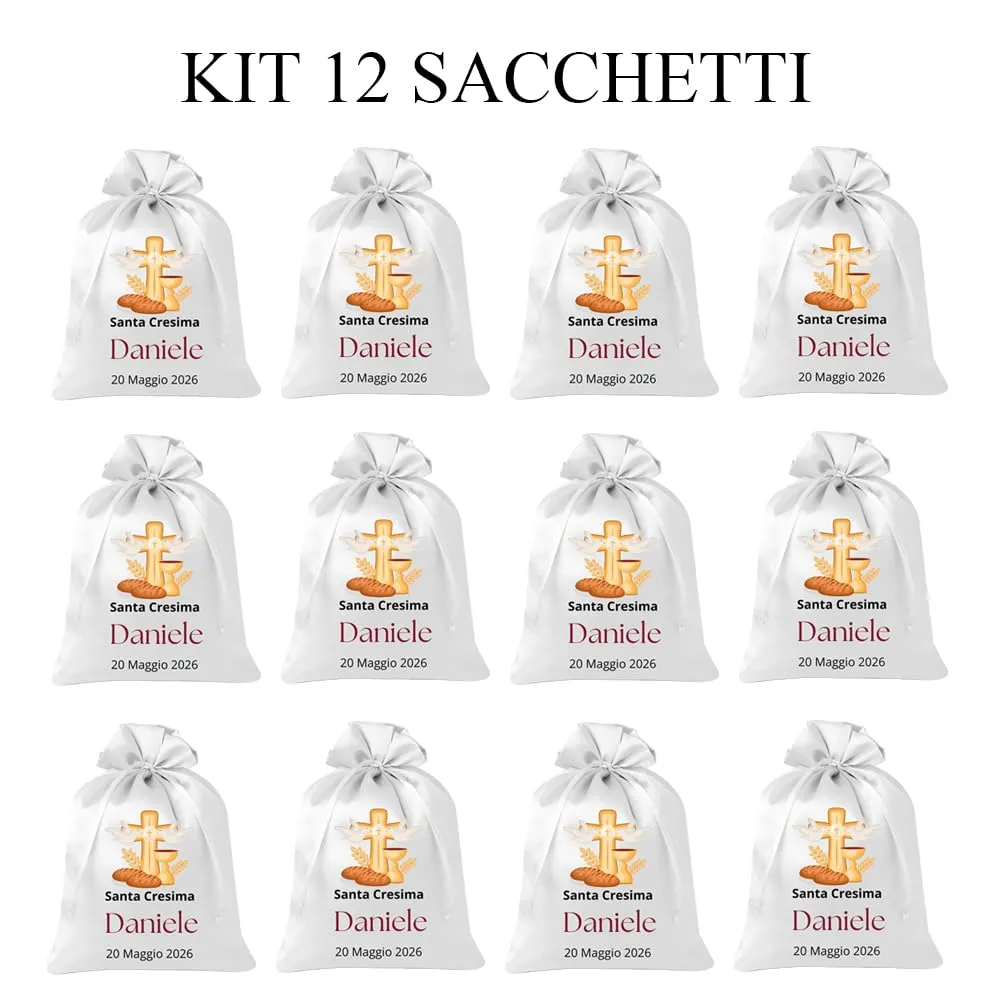 Cormar Sacchetti Bomboniere Cresima Personalizzati – Set 12 Pezzi, 9x12 cm, Colore Bianco con Ricamo Elegante (COLOMBA + EUCARESTIA) - immagine 3