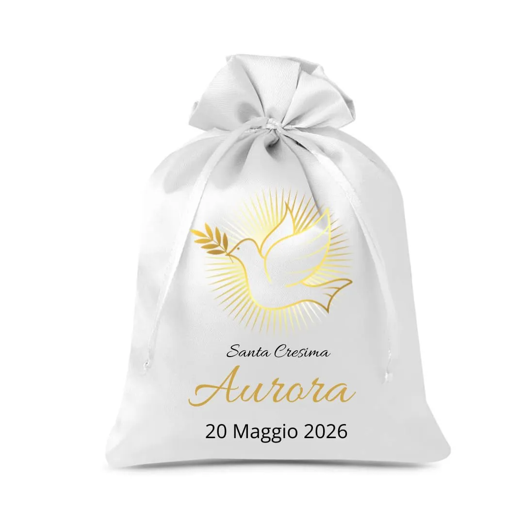 Cormar Sacchetti Bomboniere Cresima Personalizzati – Set 12 Pezzi, 9x12 cm, Colore Bianco con Ricamo Elegante (COLOMBA ORO) - immagine 1