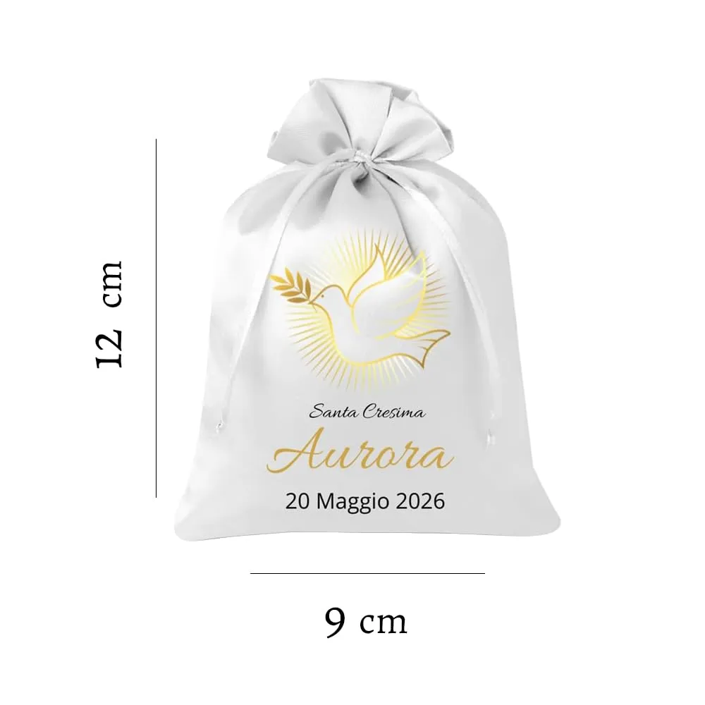 Cormar Sacchetti Bomboniere Cresima Personalizzati – Set 12 Pezzi, 9x12 cm, Colore Bianco con Ricamo Elegante (COLOMBA ORO) - immagine 2