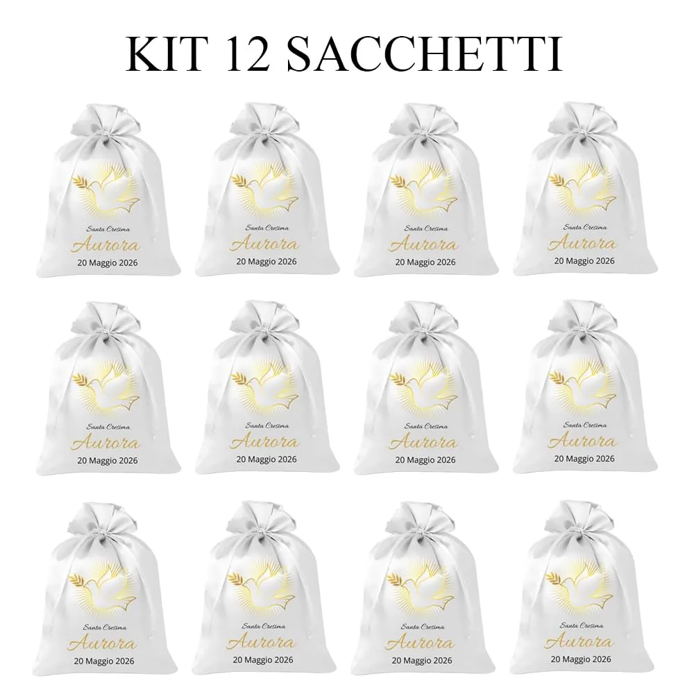 Cormar Sacchetti Bomboniere Cresima Personalizzati – Set 12 Pezzi, 9x12 cm, Colore Bianco con Ricamo Elegante (COLOMBA ORO) - immagine 3