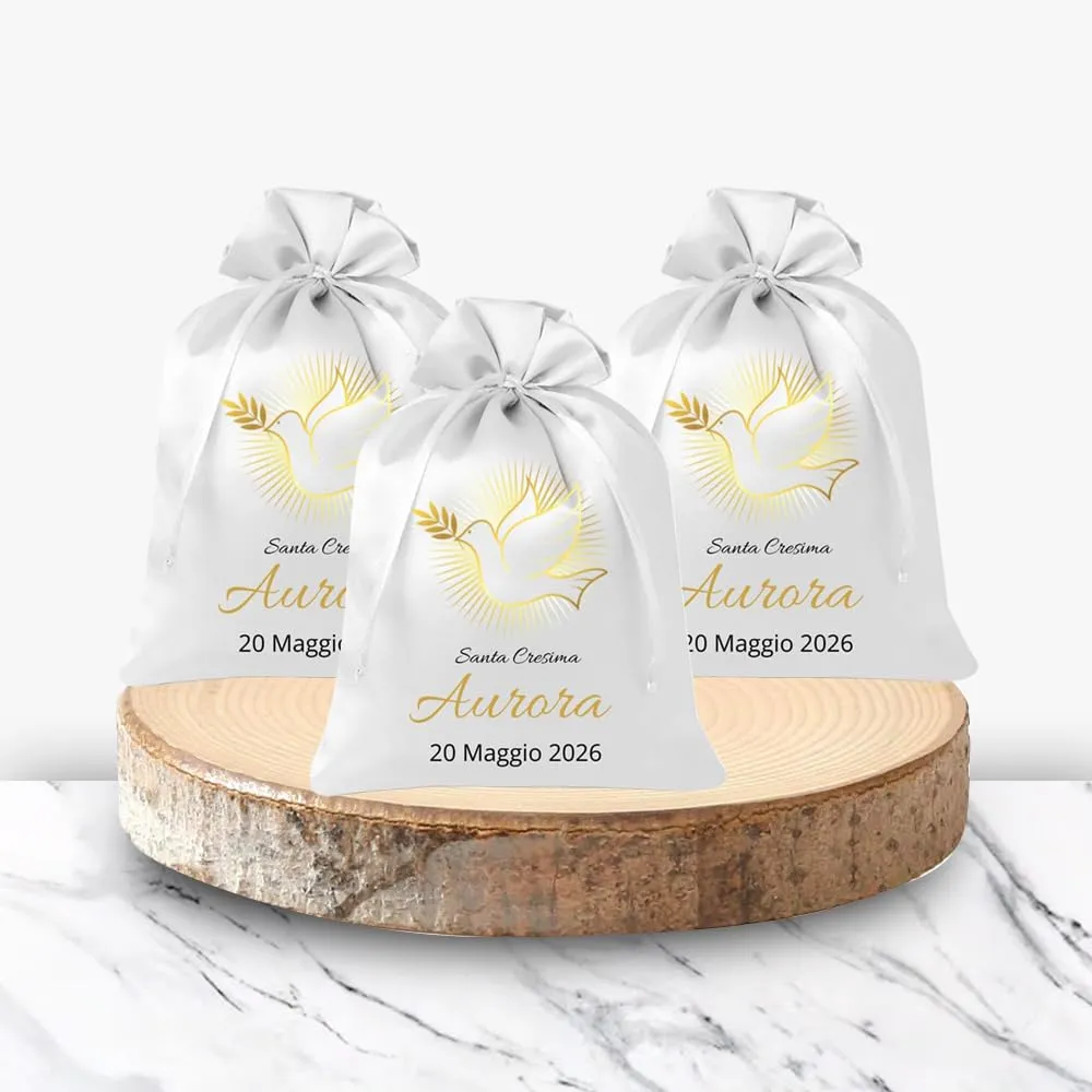 Cormar Sacchetti Bomboniere Cresima Personalizzati – Set 12 Pezzi, 9x12 cm, Colore Bianco con Ricamo Elegante (COLOMBA ORO) - immagine 5