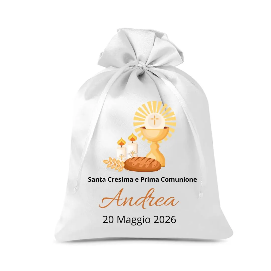 Cormar Sacchetti Bomboniere Cresima Personalizzati – Set 12 Pezzi, 9x12 cm, Colore Bianco con Ricamo Elegante (EUCARESTIA) - immagine 1