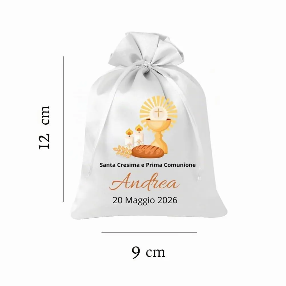 Cormar Sacchetti Bomboniere Cresima Personalizzati – Set 12 Pezzi, 9x12 cm, Colore Bianco con Ricamo Elegante (EUCARESTIA) - immagine 2