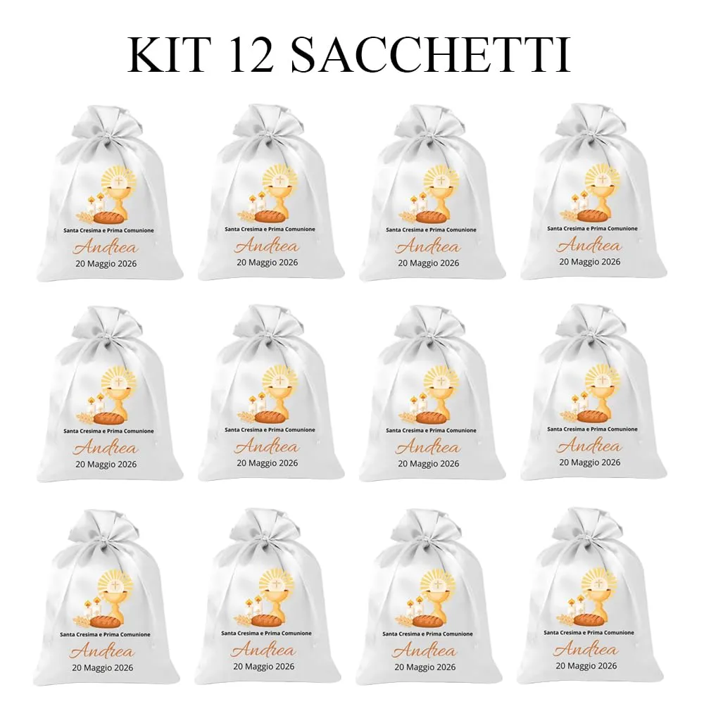 Cormar Sacchetti Bomboniere Cresima Personalizzati – Set 12 Pezzi, 9x12 cm, Colore Bianco con Ricamo Elegante (EUCARESTIA) - immagine 3