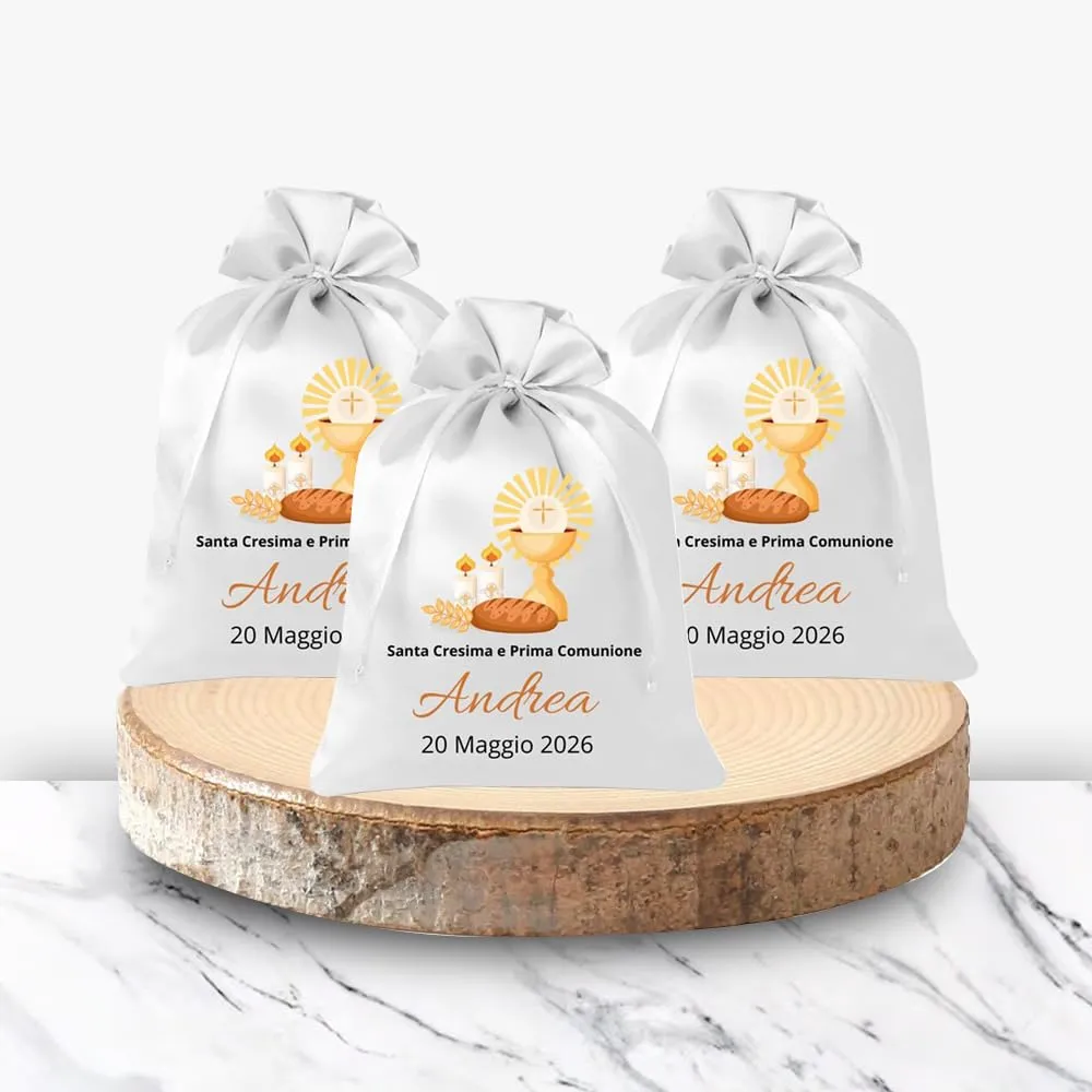 Cormar Sacchetti Bomboniere Cresima Personalizzati – Set 12 Pezzi, 9x12 cm, Colore Bianco con Ricamo Elegante (EUCARESTIA) - immagine 5