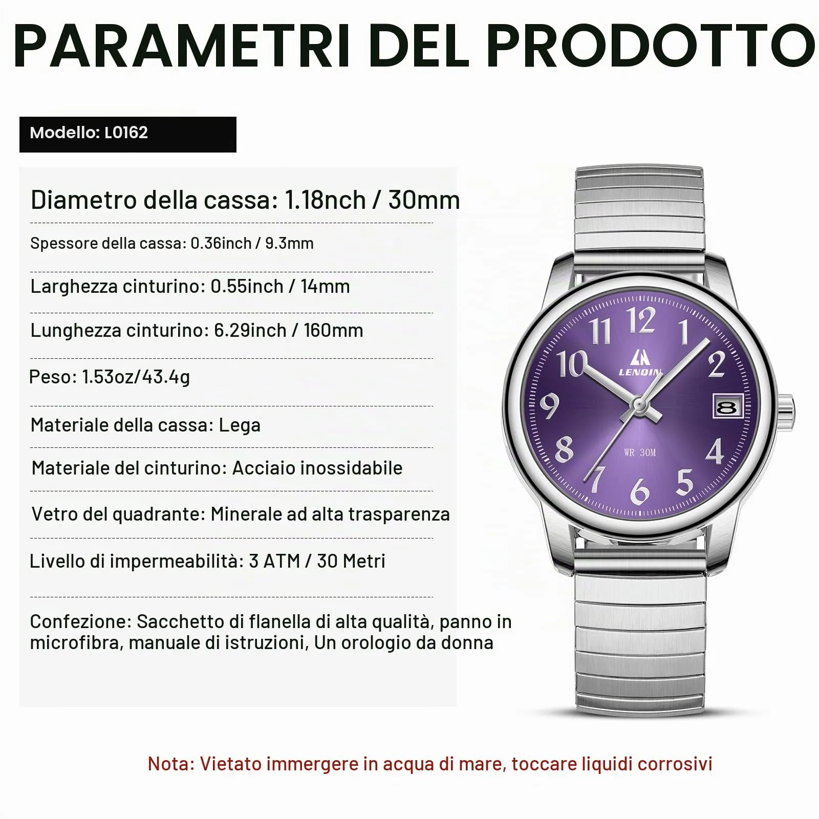 LN LENQIN Orologio Donna Acciaio Inossidabile Analogico Quarzo 3ATM - immagine 7