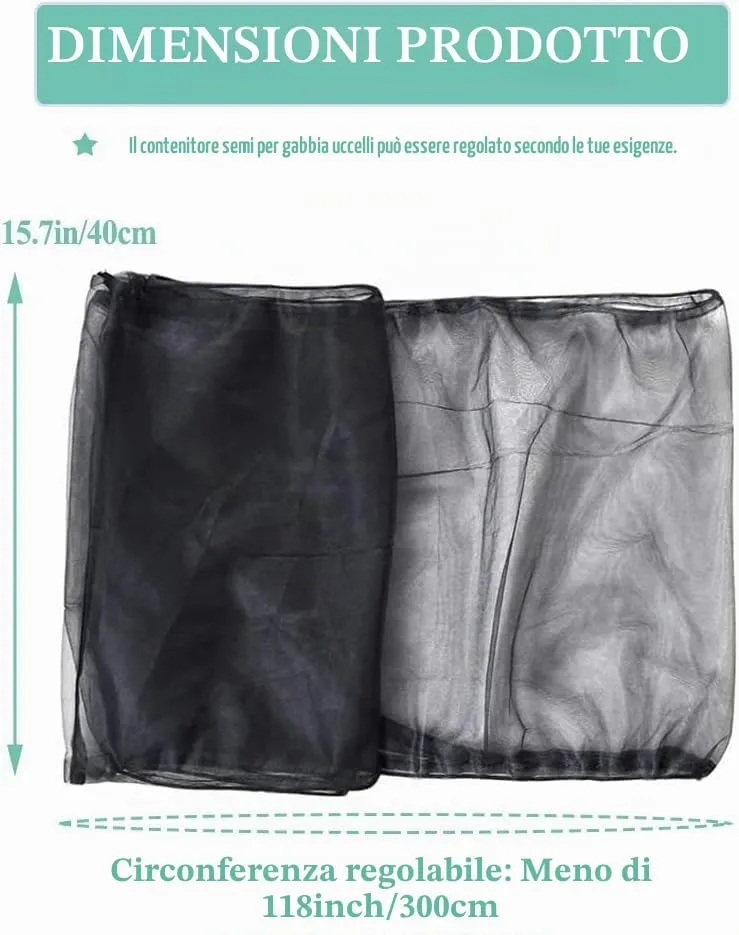 ASOCEA Grande Copertura per Gabbia Uccelli, Universale Rete per Gabbia Pappagalli Nylon Copertura Gonna per Gabbia per Uccelli per Gabbie Rotonde e Quadrate (Nero, 118 * 15.7in/300 * 40cm) - immagine 2