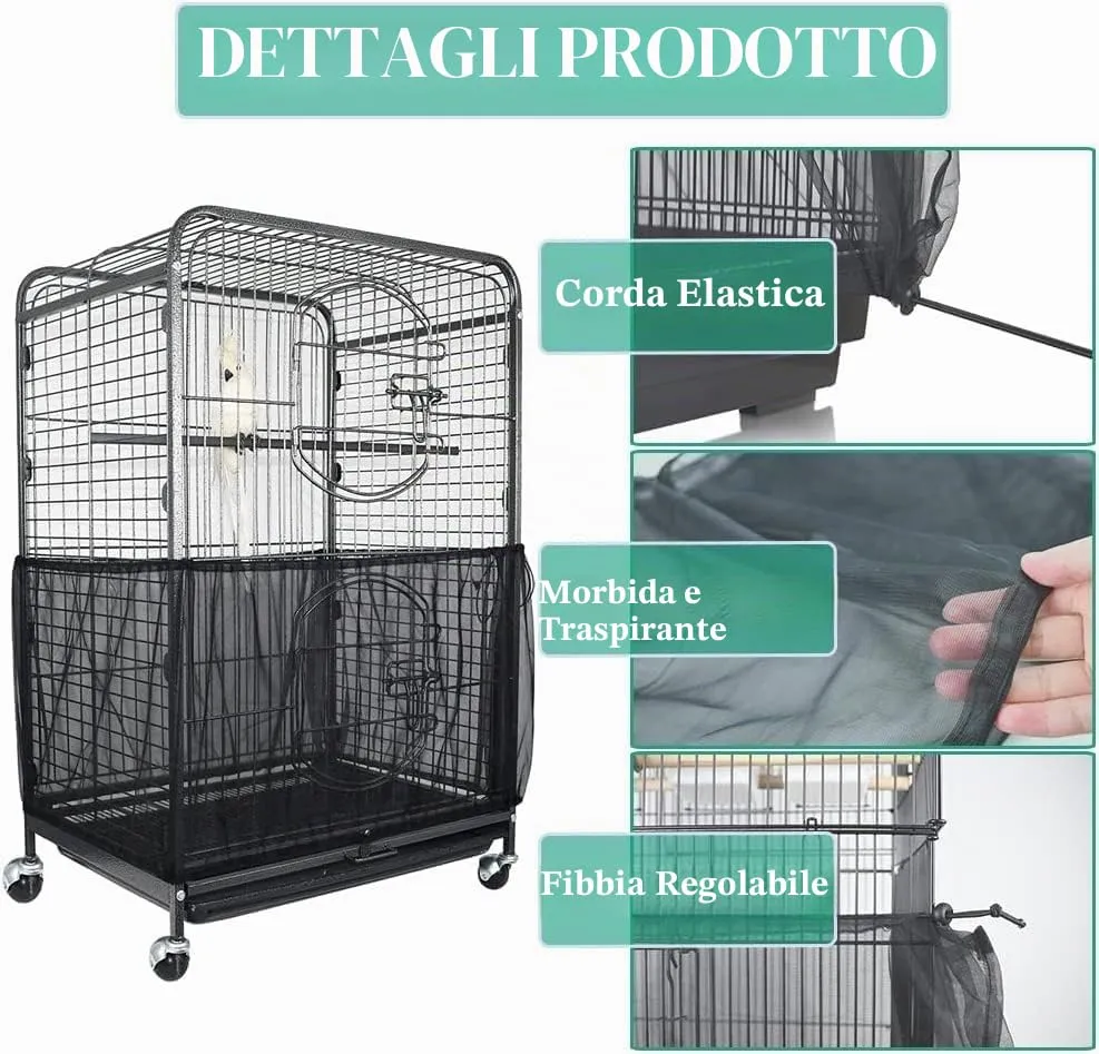 ASOCEA Grande Copertura per Gabbia Uccelli, Universale Rete per Gabbia Pappagalli Nylon Copertura Gonna per Gabbia per Uccelli per Gabbie Rotonde e Quadrate (Nero, 118 * 15.7in/300 * 40cm) - immagine 3