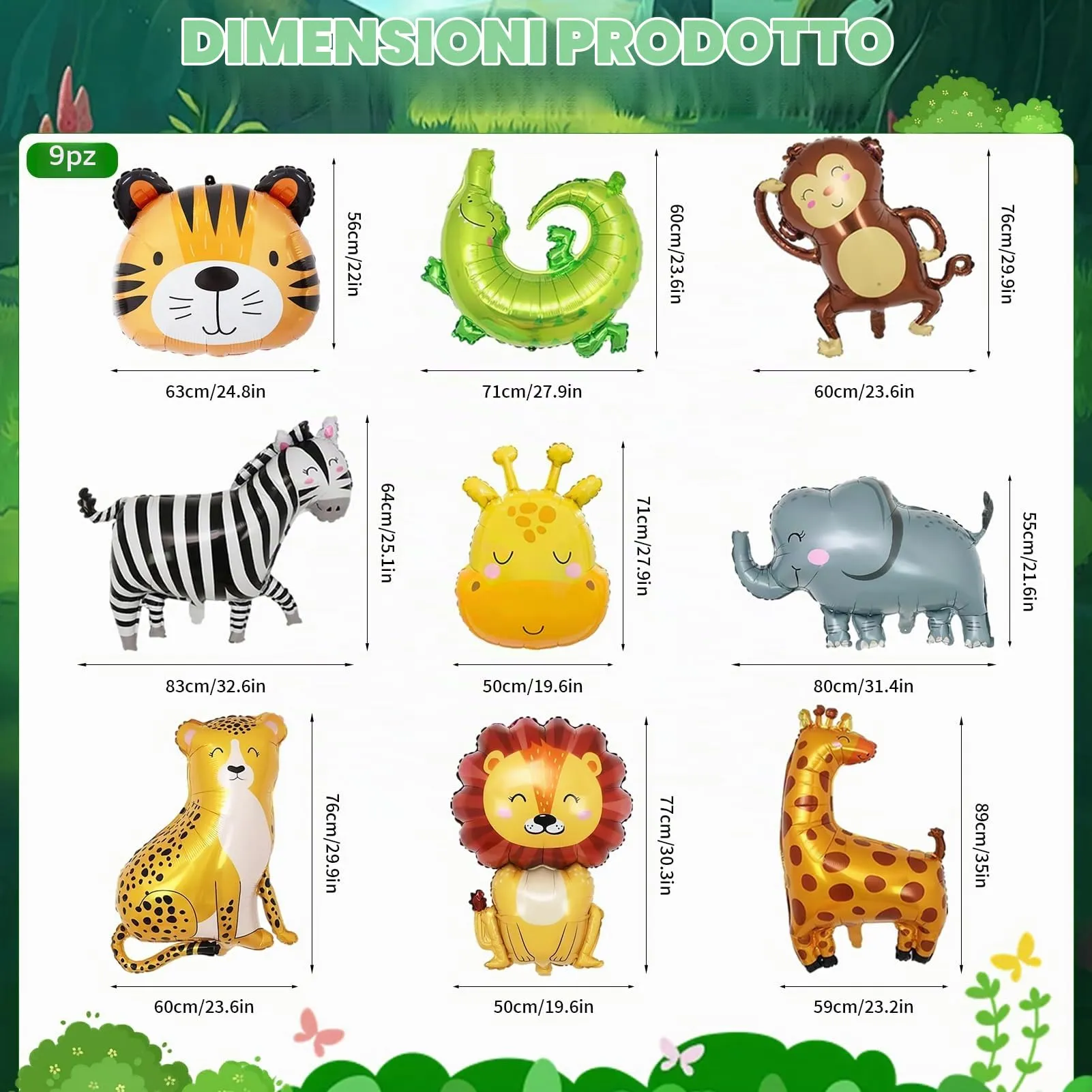 9 palloncini a forma di giungla Safari,in pellicola, con animali della - immagine 2