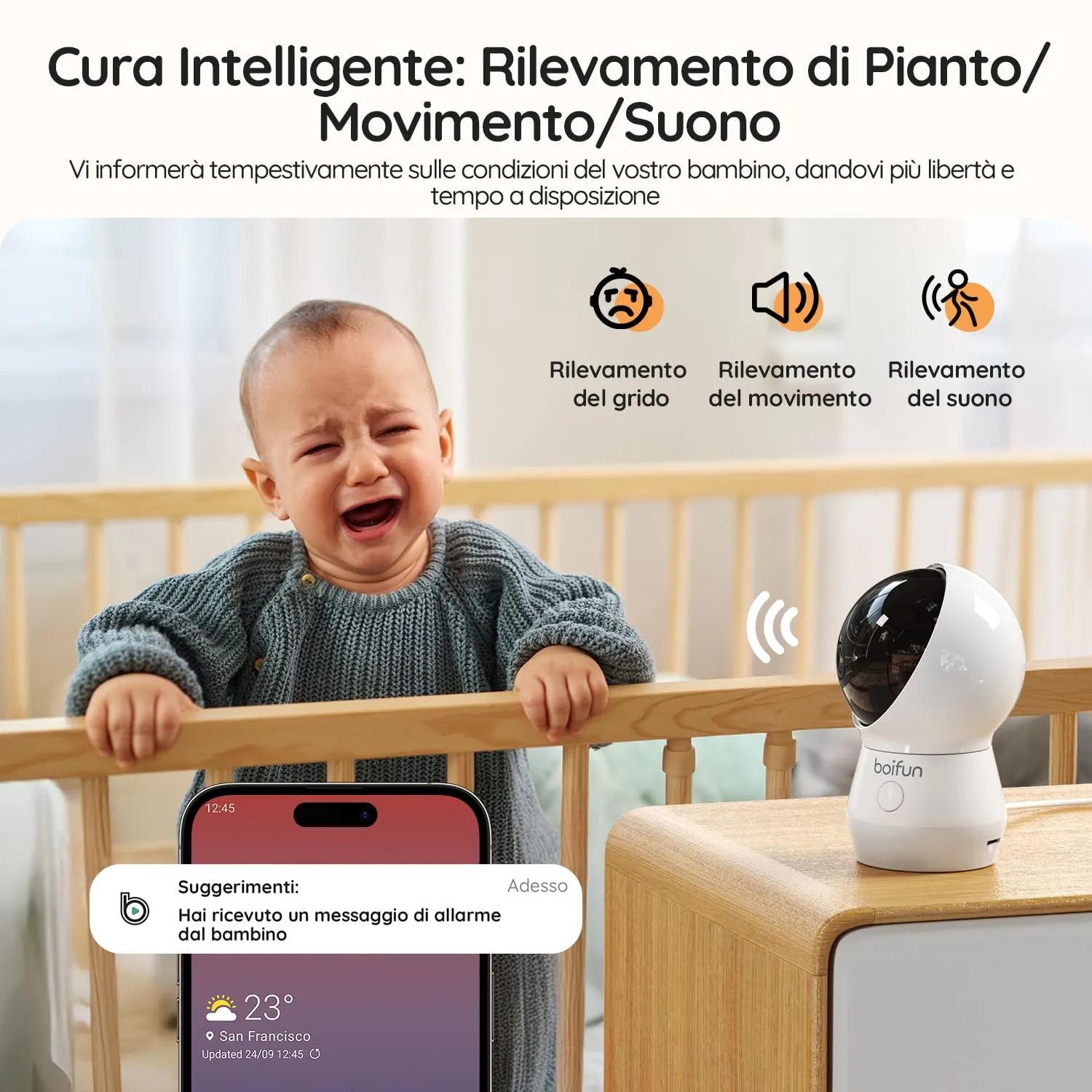 Boifun Baby Monitor 5.5’’ Video Audio con Telecamera 4MP 360° Zoom 4X, WiFi, App controllo fuori casa, AI Intelligente, Audio Bidirezionale, Temperatura & Umidità, Luce Notturna, SD, Batteria 4000mAh - immagine 4