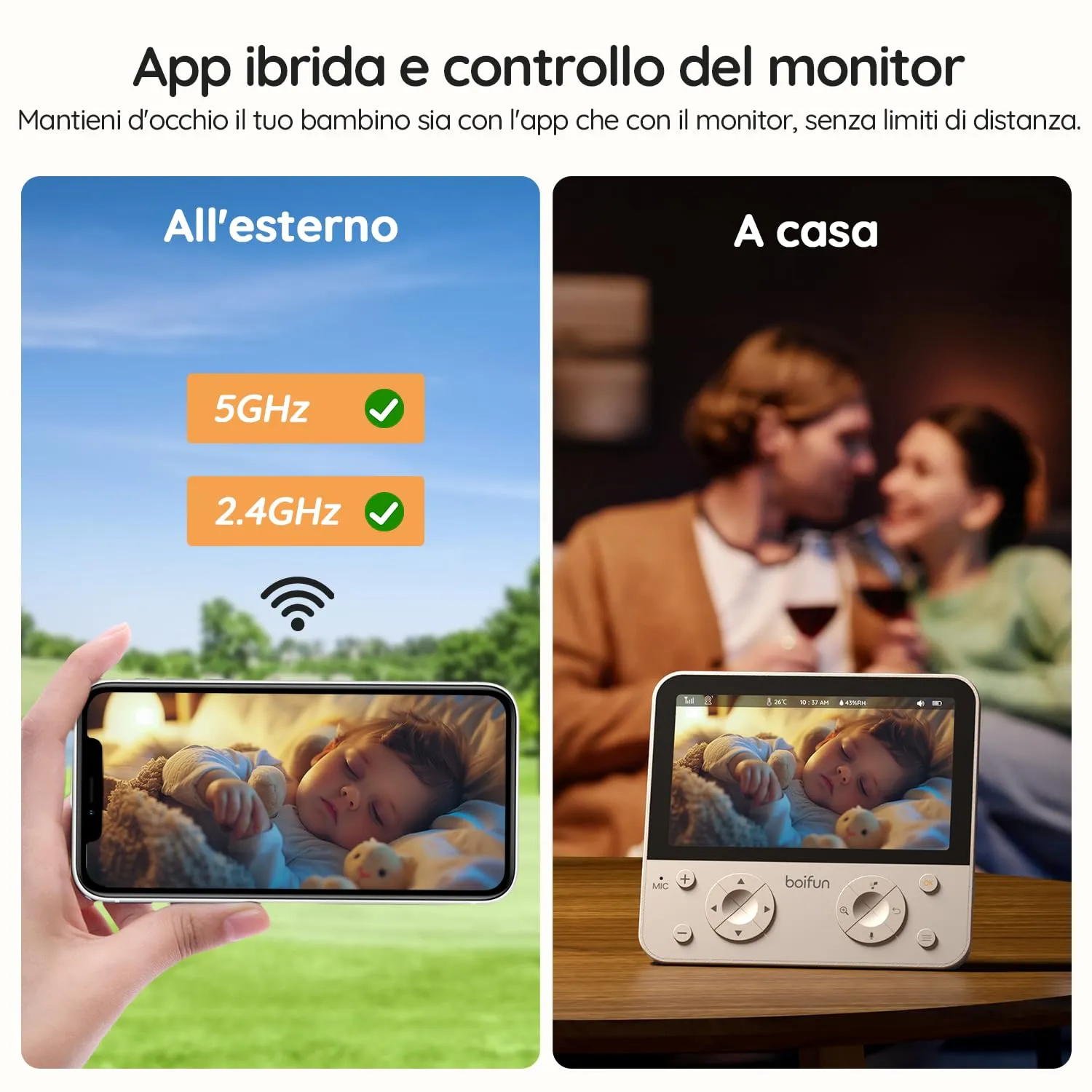 Boifun Baby Monitor 5.5’’ Video Audio con Telecamera 4MP 360° Zoom 4X, WiFi, App controllo fuori casa, AI Intelligente, Audio Bidirezionale, Temperatura & Umidità, Luce Notturna, SD, Batteria 4000mAh - immagine 6