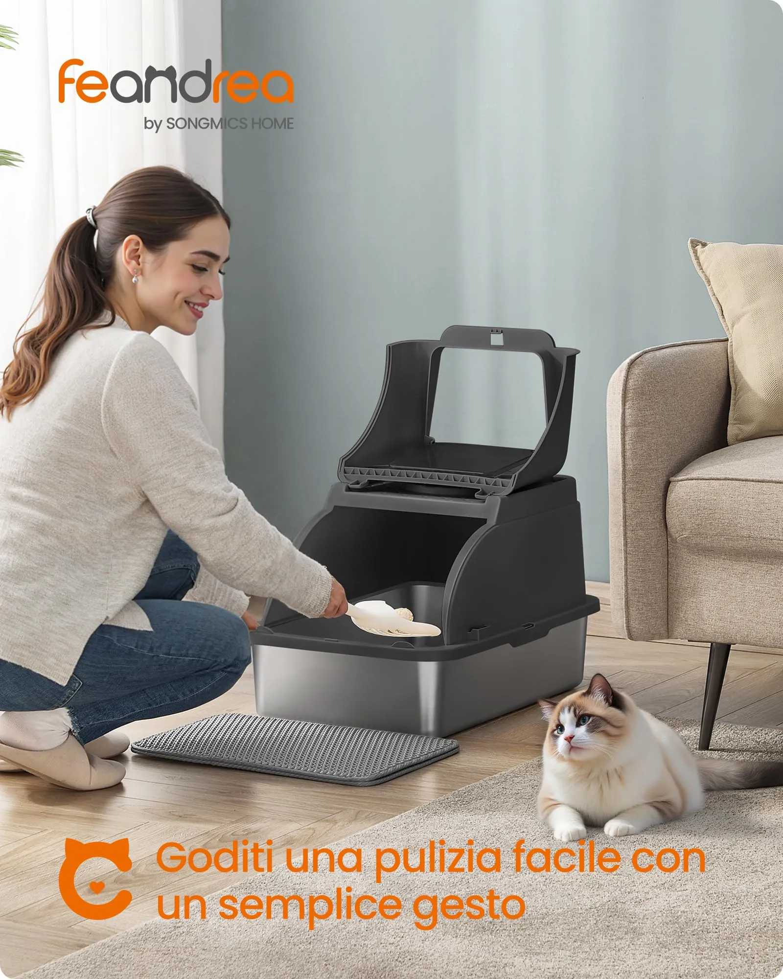 Feandrea Lettiera per Gatti Chiusa in Acciaio Inox, 61 x 40 x 36,5 cm - immagine 2