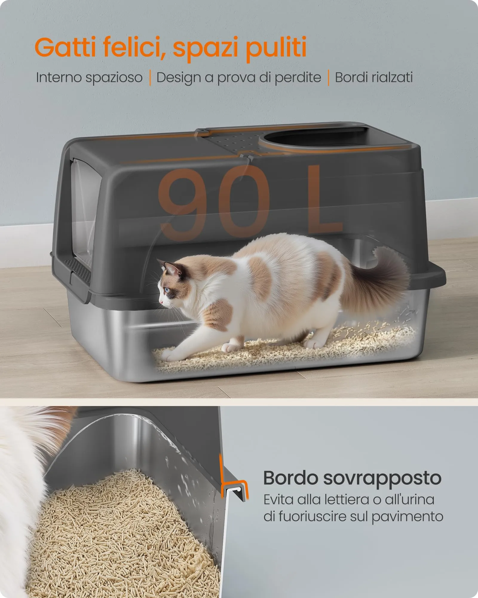 Feandrea Lettiera per Gatti Chiusa in Acciaio Inox, 61 x 40 x 36,5 cm - immagine 4